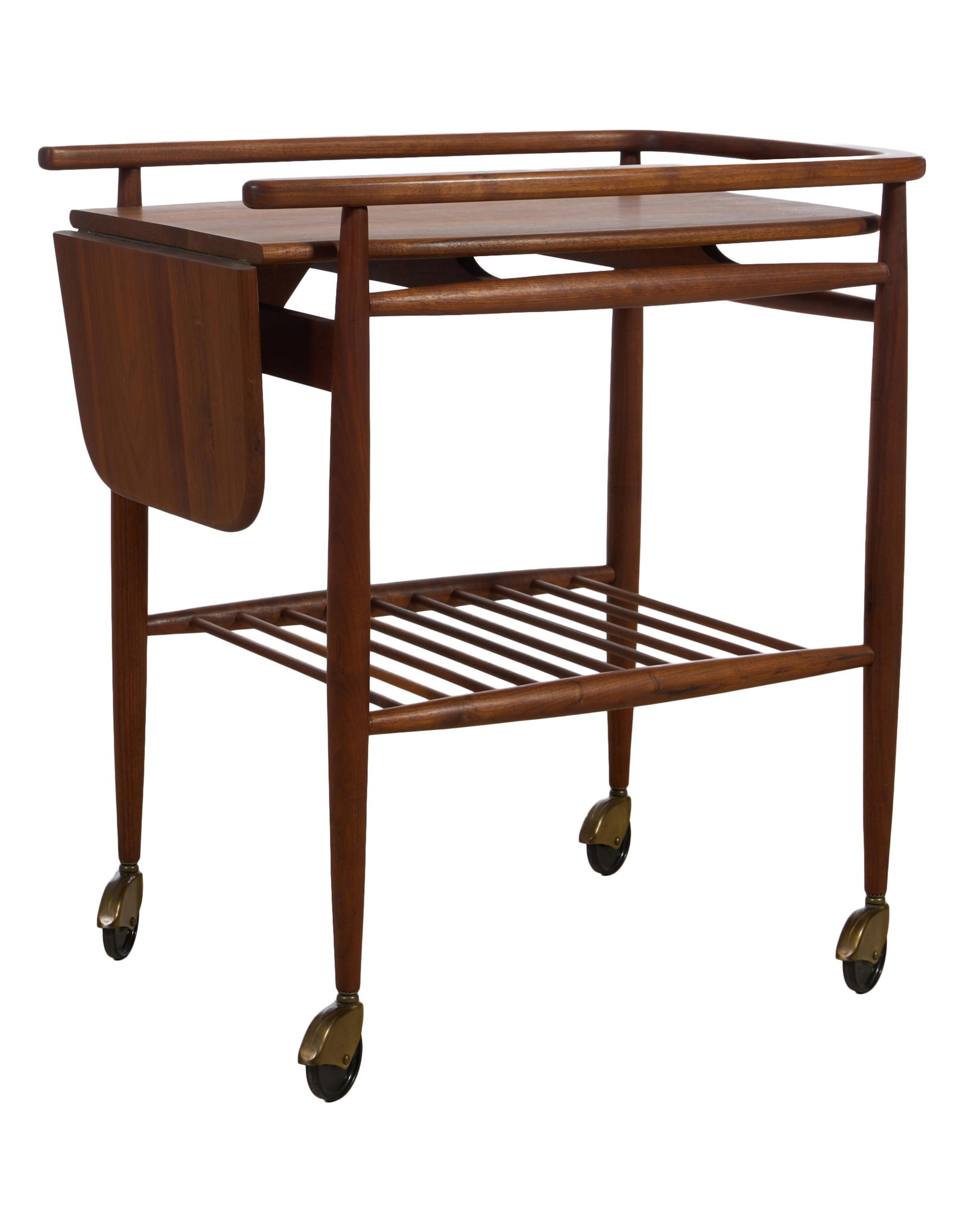 Danish Mid Century Modern Walnut Bar Cart, mid 20th c., H.- 32 1/4 in., W.- Closed- 30 in., W.- (1 of 2)