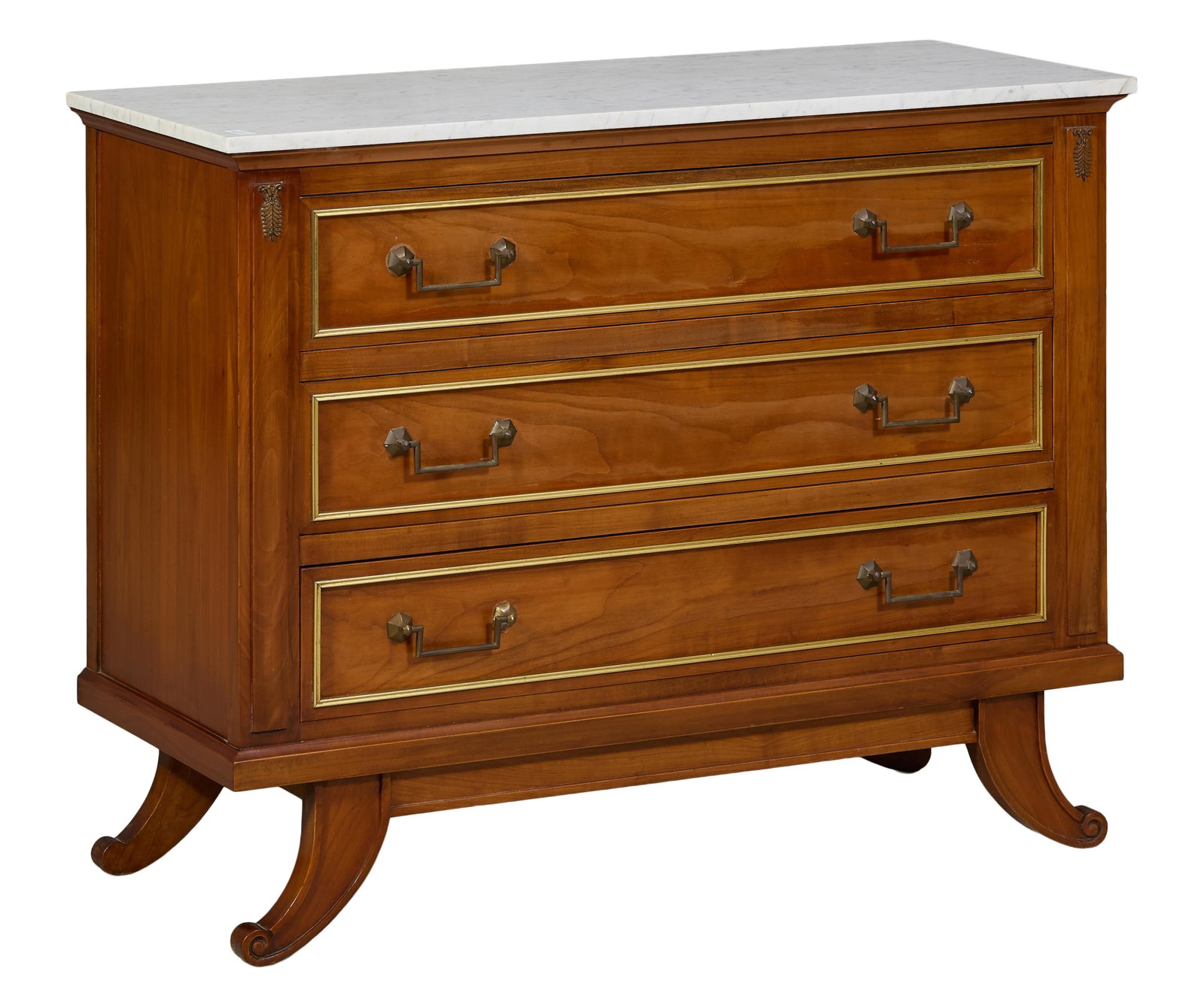 French Regency Inspired Marble Top Cherry Commode, mid 20th c., H.- 34 in., W.- 43 1/4 in., D.- 17 (1 of 2)