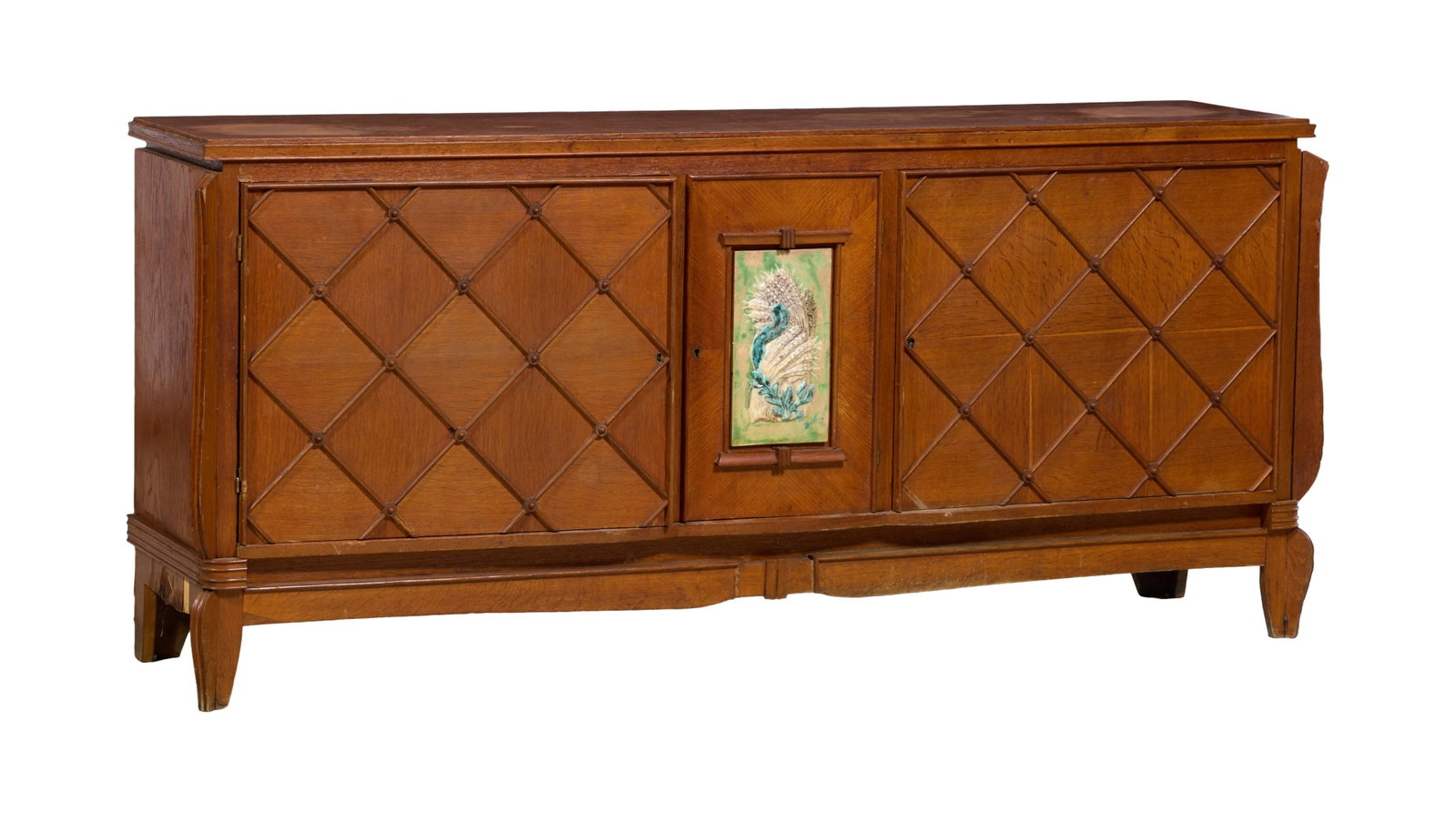 French Art Nouveau Plaque Mounted Enfilade, early 20th c., H.- 36 3/4 in., W.- 81 in., D.- 18 3/4 (1 of 2)