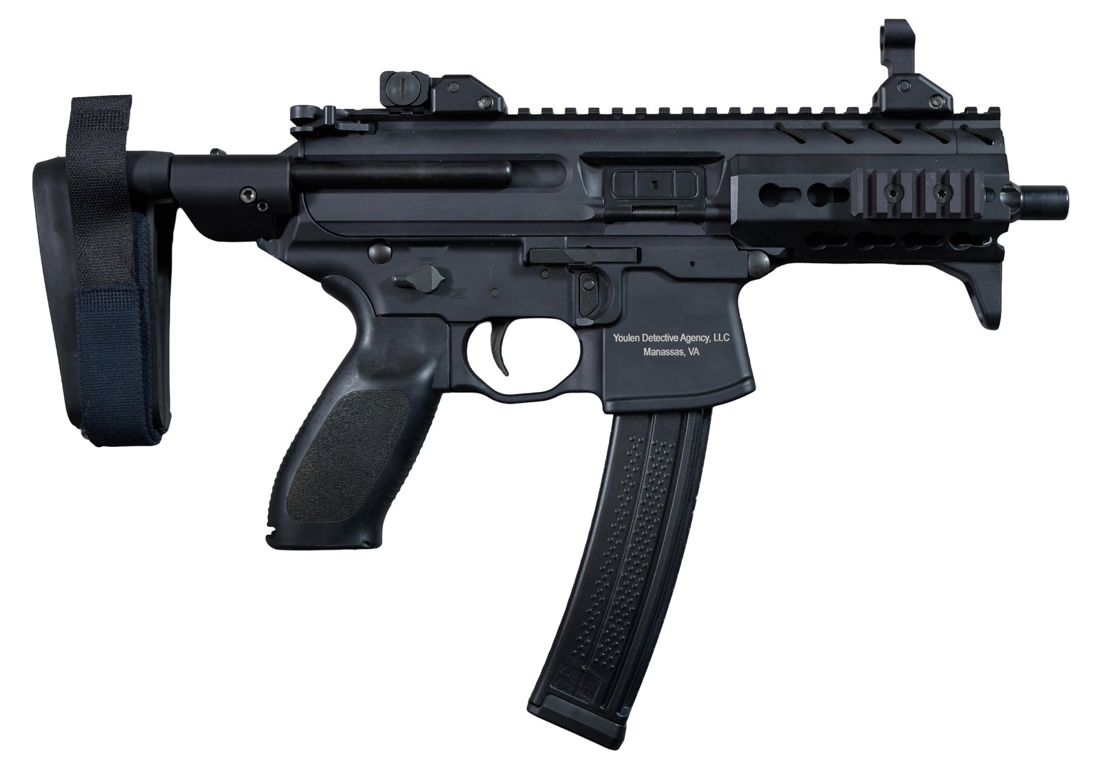 SIG MPX 9mm Pistol, L.- Barrel- 4 1/2 in., Overall- 17 1/2 in.: SIG MPX 9mm Pistol, serial #62B023480, 4 1/2 inch barrel, 17 1/2 inch overall length with extending stock retracted, three Picatinny sight/accessory mounts, sling, magazine, in a Pelican 1490 case, L.