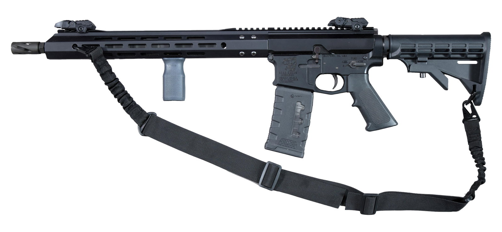 Bear Creek Arsenal 5.56 Cal. Model BCA15 Rifle, L.- Barrel- 16 in., Overall- 32 1/2 in.: Bear Creek Arsenal 5.56 Cal. Model BCA15 Rifle, serial #807091, collapsable stock, sling, front hand grip, fold down open sights on Picatinny style top rail, right-side cocking, 16 inch barrel and 17 