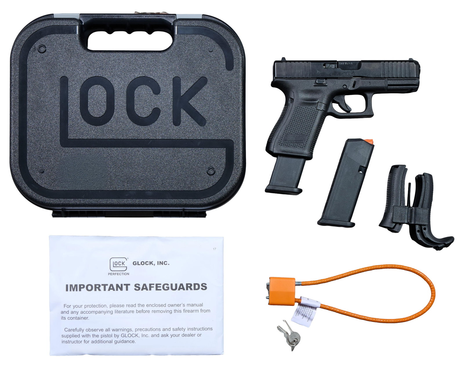 Glock 19 Gen 5 9x19 mm Pistol, L.- Barrel- 4 in.: Glock 19 Gen 5 9x19 mm Pistol, serial #ABPH764, made in United States of America, in box with extra Glock magazine, gun lock, two extra sets of different thickness grips, and original paperwork, L.- B