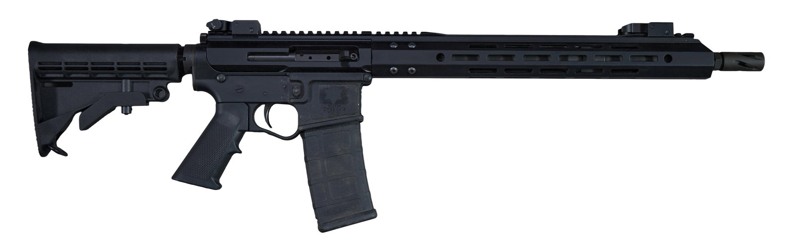 E3 Arms .223 / 5.56 Omega 15 Rifle, L.- Barrel- 16 in., Overall- 32 1/2 in.: E3 Arms .223 / 5.56 Omega 15 Rifle, serial #A21465, extendable/retractable stock, fold down front & rear sights on Picatinny style rails, 16 inch barrel, 17 1/2 inch with flash suppressor, overall 32 