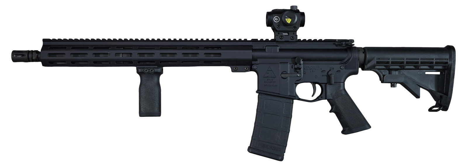 Del-Ton Inc 5.56 Cal. DTI-15 Rifle, L.- Barrel- 16 in., Overall- 32 in.: Del-Ton Inc 5.56 Cal. DTI-15 Rifle, serial #DTI-5242180, extendable/retractable stock, CT red dot style optical sight on a Picatinny style rail, front hand support 16 inch barrel, 17 inch with flash s