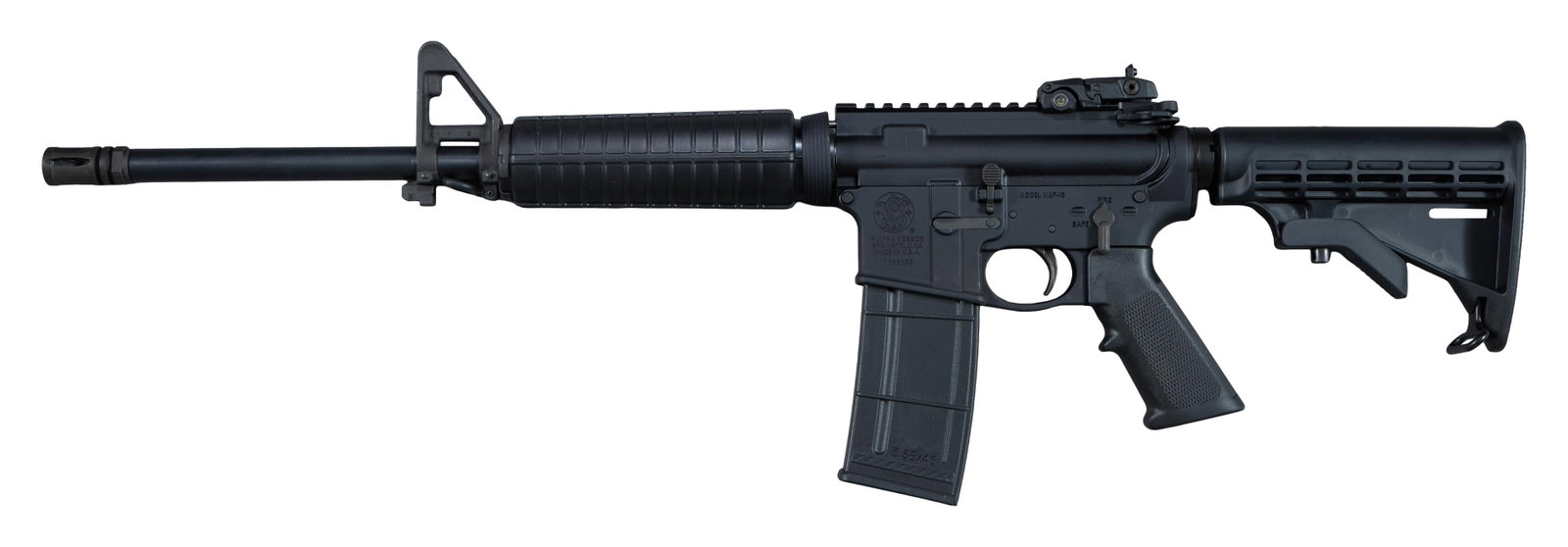Smith & Wesson M&P 15 Rifle, L.- Barrel- 16 in., Overall- 32 1/2 in.: Smith & Wesson M&P 15 Rifle, serial #TK68062, semi-automatic rifle built on the AR-15 platform, chambered in 5.56 NATO with .223 Remington compatibility, extendable/retractable stock, fold down rear s