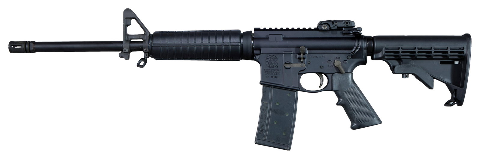 Smith & Wesson M&P 15 Rifle, L.- Barrel- 16 in., Overall- 17 1/2 in.: Smith & Wesson M&P 15 Rifle, serial #SR49432, semi-automatic rifle built on the AR-15 platform, chambered in 5.56 NATO with .223 Remington compatibility, extendable/retractable stock, fold down rear s