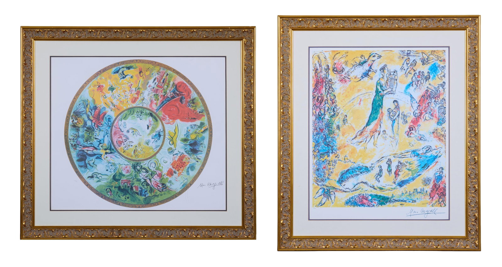 Marc Chagall (Russian/Paris, 1887-1985), "Paris Opera Ceiling" and "Sorcerer of Music," First-: Marc Chagall (Russian/Paris, 1887-1985), "Paris Opera Ceiling" and "Sorcerer of Music," each color photomechanical graphic on paper, signed in print, limited edition, numbered in margins "I323/500" an