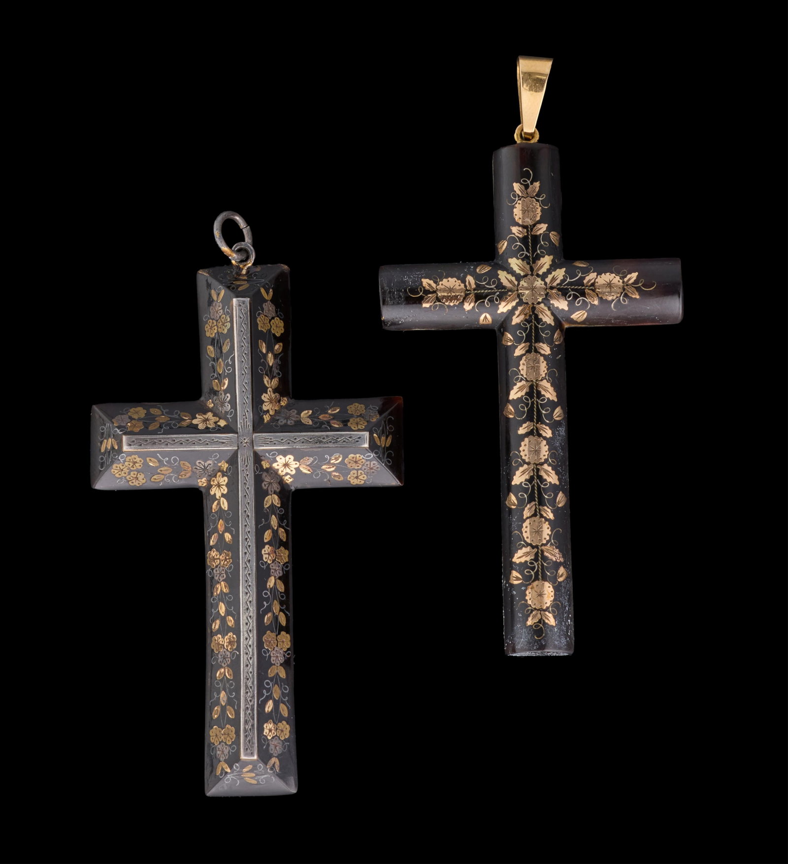 Two Pique Cross Pendants, 19th c., App. Total Wt.- 13.7 grams; Largest- H.- 3 1/4 in.,: Two Pique Cross Pendants, 19th c., each example bearing precious metal inlay, App. Total Wt.- 13.7 grams; Largest- H.- 3 1/4 in., W.- 1 5/8 in. (2 Pcs.) Please Note: All assessments of gemstone weight