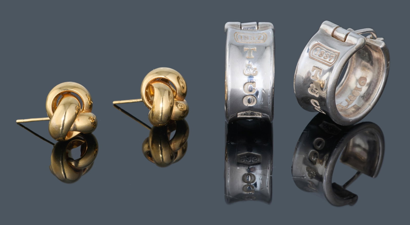 Two Pairs of Earrings, App. Total Wt.- 13.7 grams; Hoops- Dia.- 3/4 in. (4 Pcs.): Two Pairs of Earrings, consisting of a pair of Italian 14K yellow gold knot form studs; together with a pair of sterling hoops from the 1837 Collection by Tiffany & Co., App. Total Wt.- 13.7 grams; Ho