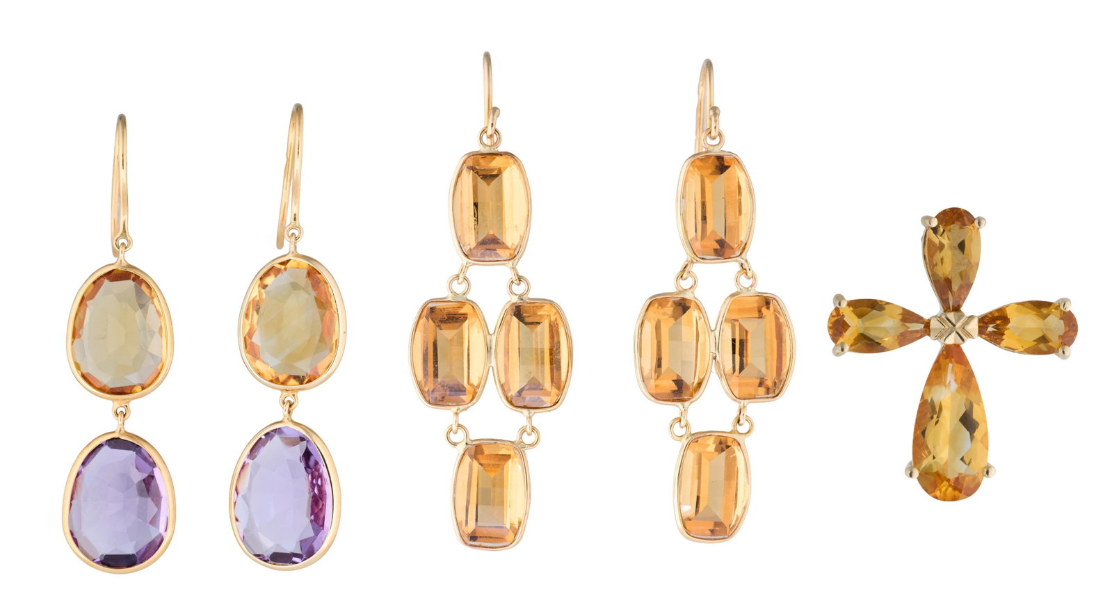 Selection of 14K Yellow Gold and Citrine Jewelry, App. Total Wt.- 14.9 grams; Largest- H.- 2 in.,: Selection of 14K Yellow Gold and Citrine Jewelry, comprising one pair of chandelier earrings with bezel-set pixel cut stones, one pair of bezel-set citrine and amethyst drop earrings, and one cross pe