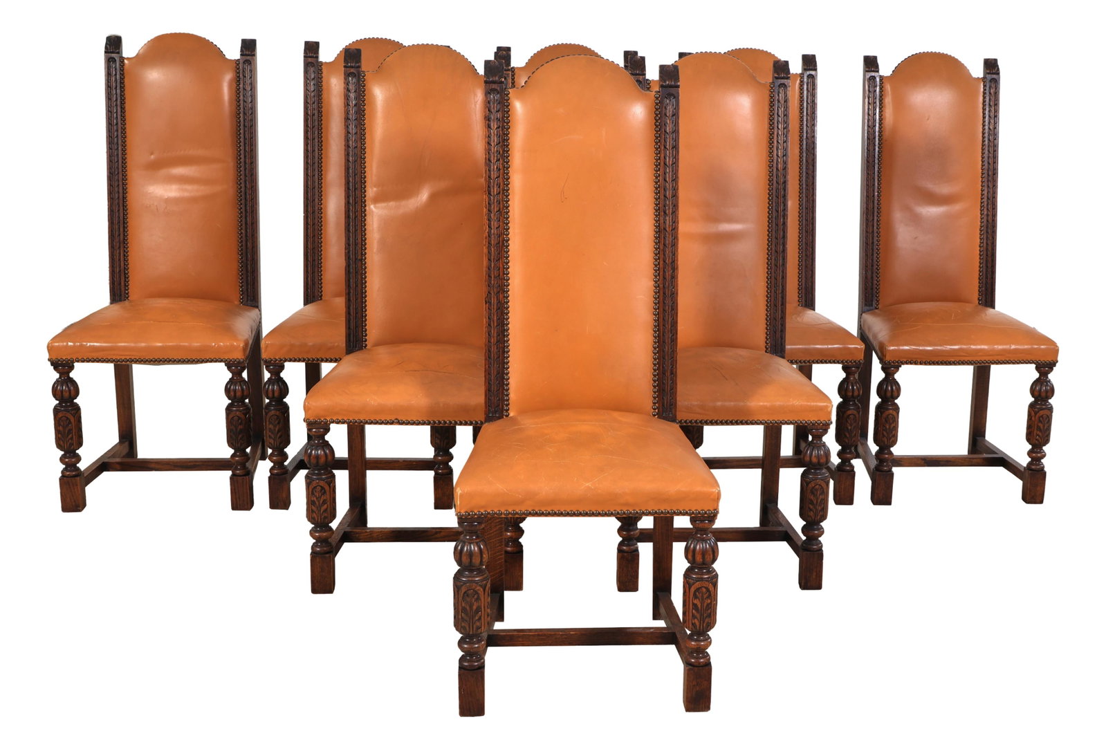 Eight Spanish Renaissance Style Leather Dining Chairs, late 19th c., Each- H.- 45 in., W.- 18 1/2 (1 of 7)
