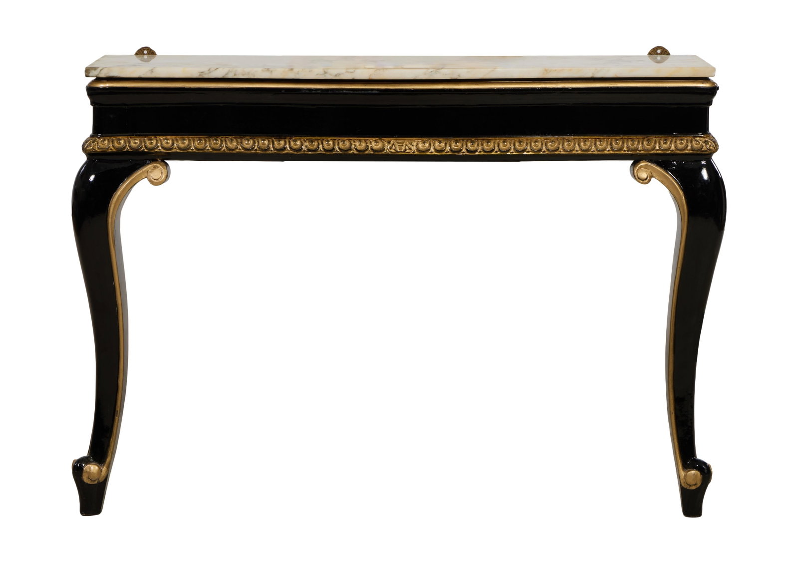 French Louis XVI Style Marble Top Gilt Ebonized Console, 21st c., H.- 32 in., W.- 44 1/2 in., D.- 15 (1 of 2)