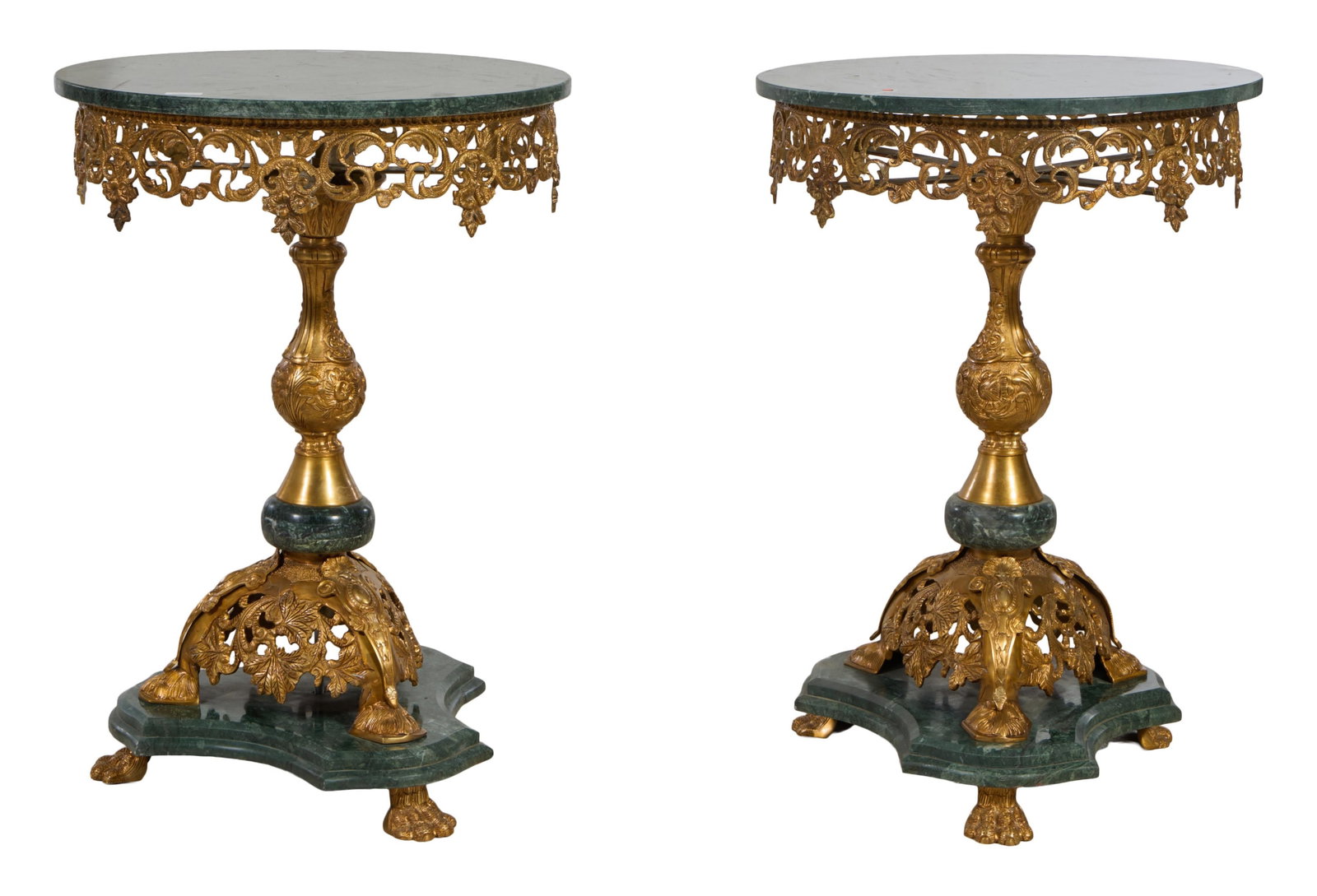 Pair of French Style Vert Marble Gilt Brass Gueridons, 21st. c., Each- H.- 35 in., Dia.- 22 1/2 in.: Pair of French Style Vert Marble Gilt Brass Gueridons, 21st. c., the round vert marble tops over pierced gilt brass apron, marble and brass standard over pierced tripartite bottom on moulded shaped ma