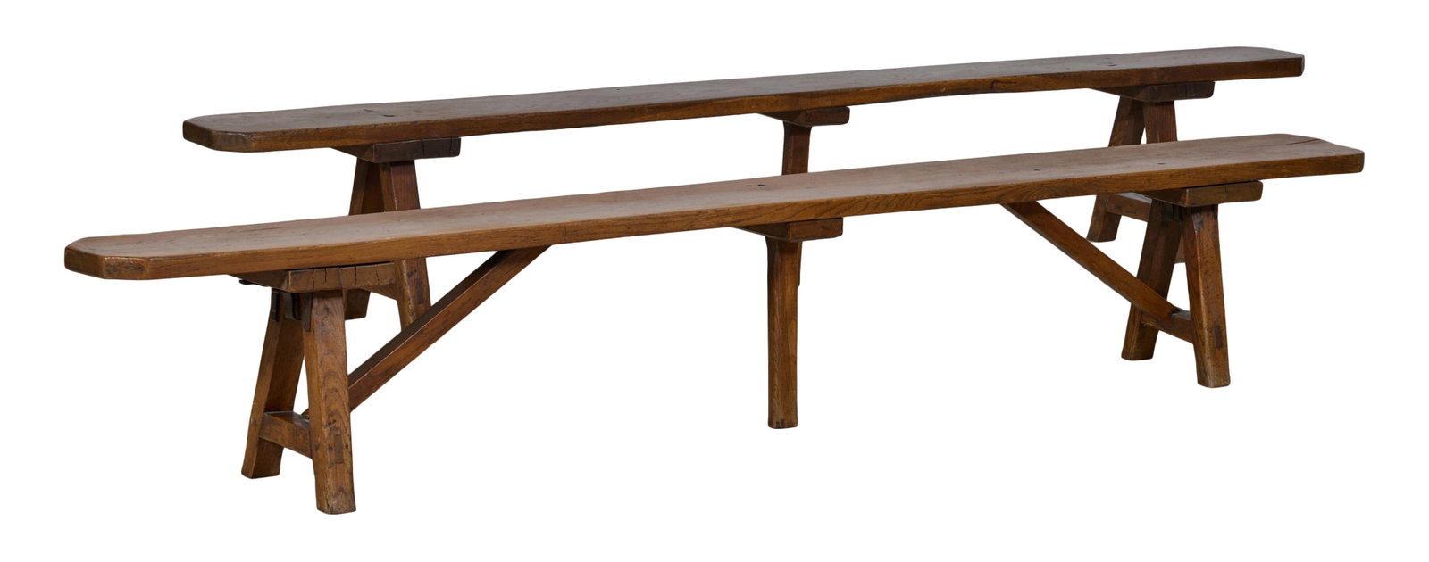 Two French Provincial Long Benches, mid 20th c., H.- 17 3/8 in., W.- 106 1/4 in., D.- 9 1/2 in. (2 (1 of 1)