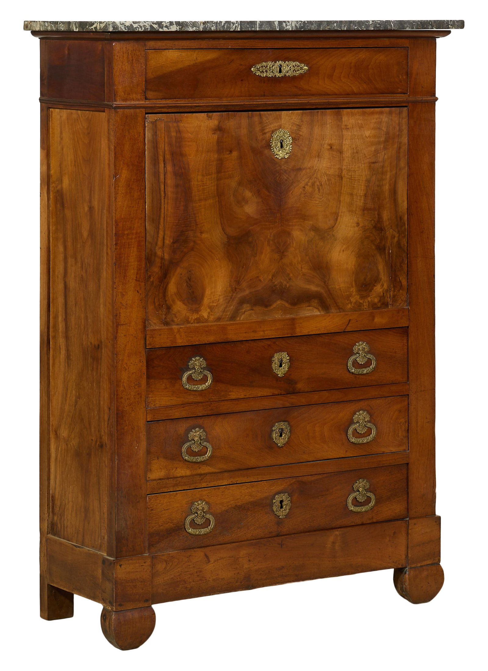 French Empire Style Marble Top Secretaire a Abattant, mid 19th c., H.- 55 1/4 in., W.- 38 3/8 in., (1 of 3)
