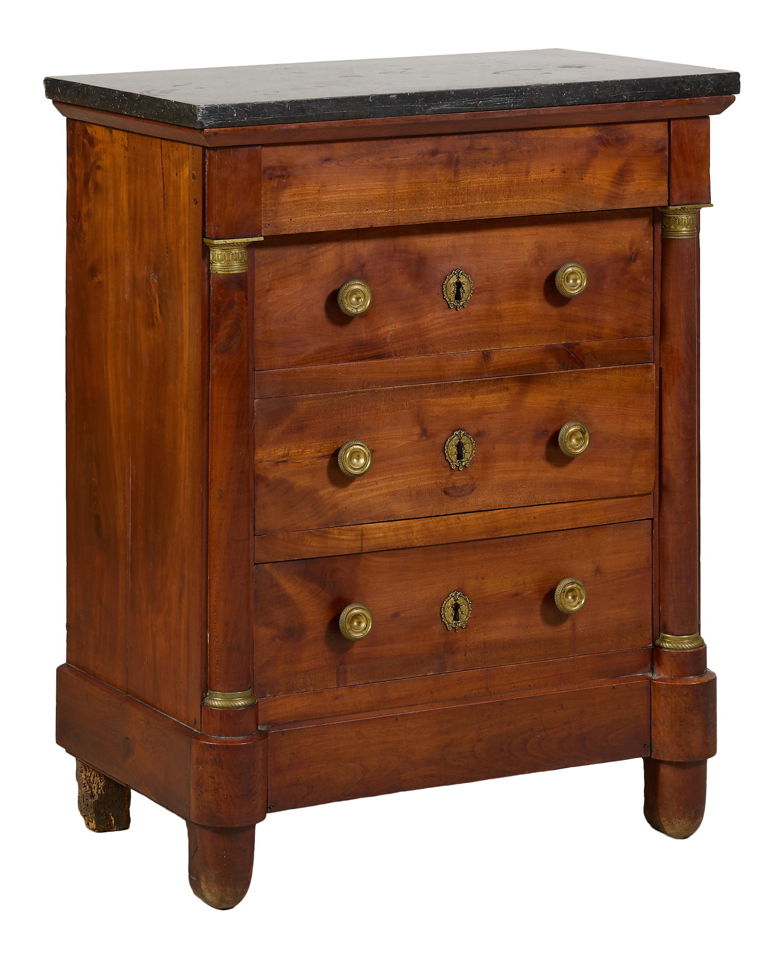French Empire Style Marble Top Walnut Petite Commode, mid 19th c., H.- 32 1/2 in., W.- 25 1/2 in., (1 of 2)
