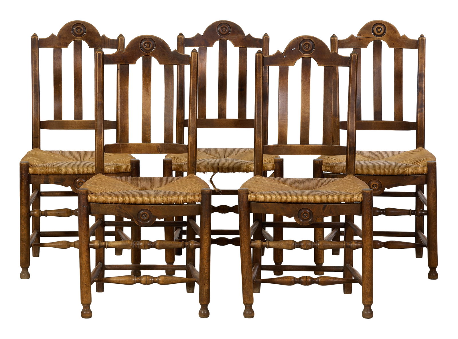Five French Provincial Beech Dining Chairs, late 20th c., Each- H.- 37 3/4 in., W.- 18 1/4 in., D.- (1 of 2)