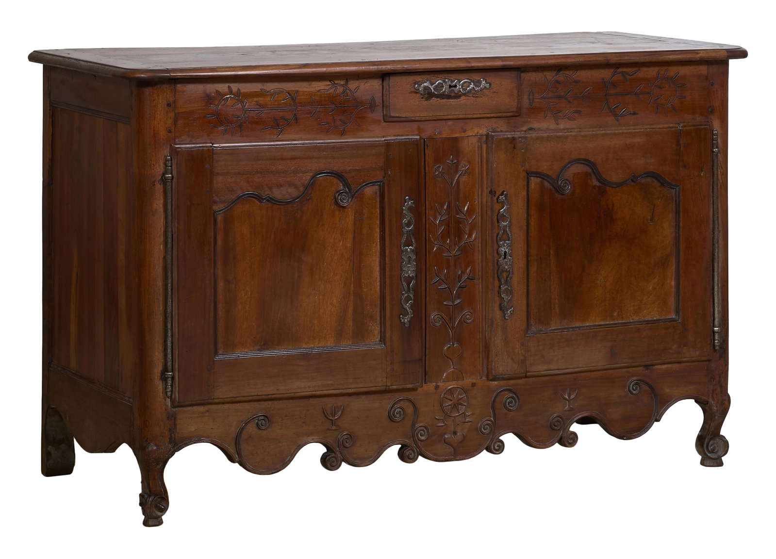 French Provincial Louis XV Style Walnut Sideboard, early 19th c., H.- 39 1/4 in., W.- 62 1/2 in.,: French Provincial Louis XV Style Walnut Sideboard, early 19th c., the rectangular top with rounded corners, small central frieze drawer, two cabinet doors, vining central stile, scrolling lobed apron 