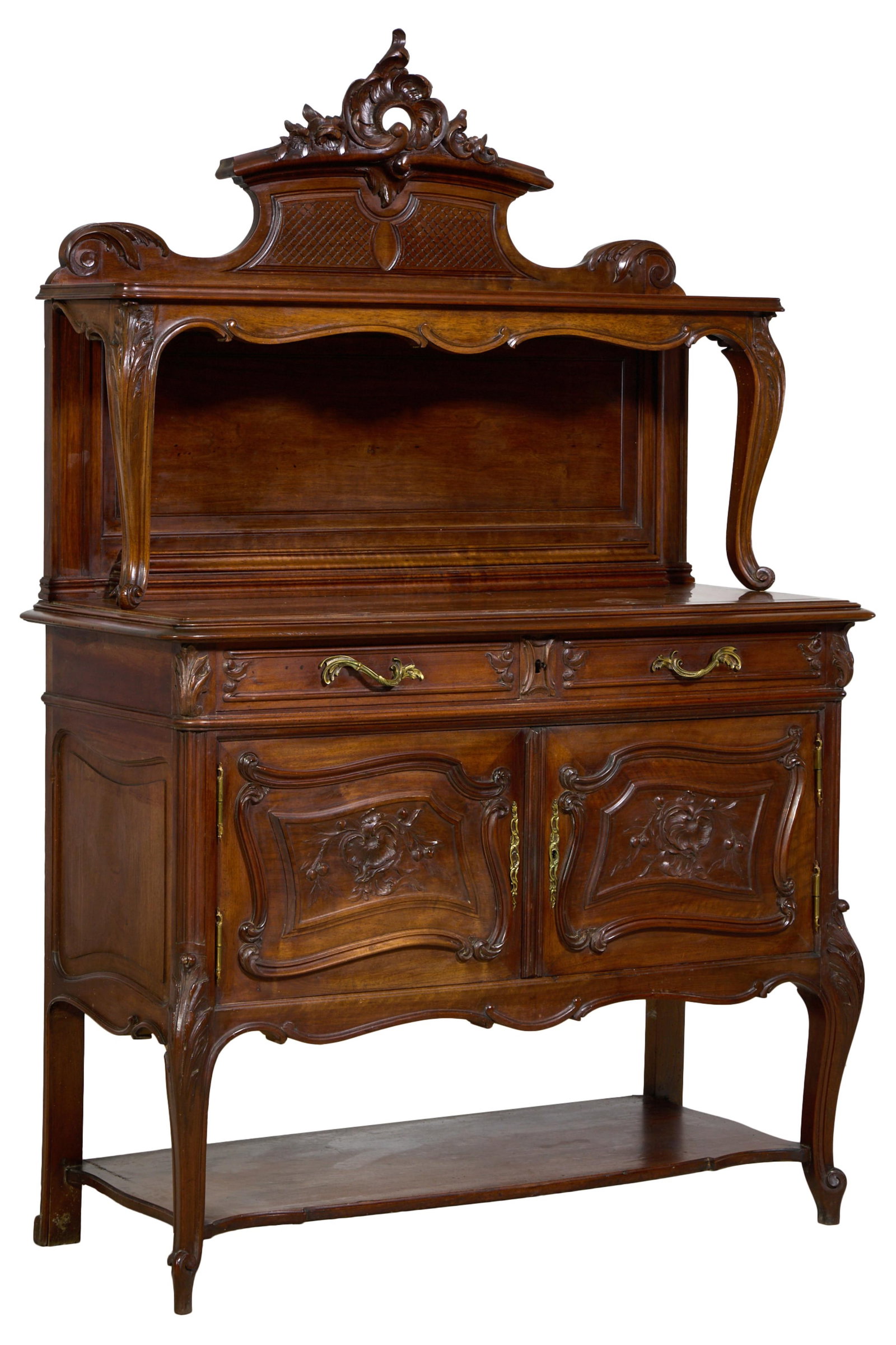 French Louis XV Style Marble Top Carved Walnut Desserte, late 19th c., H.- 74 1/2 in., W.- 49 in.,: French Louis XV Style Marble Top Carved Walnut Desserte, late 19th c., the superstructure with a pierced rocaille crest pediment, rectangular shelf with acanthus carved cabriole legs, the base with in