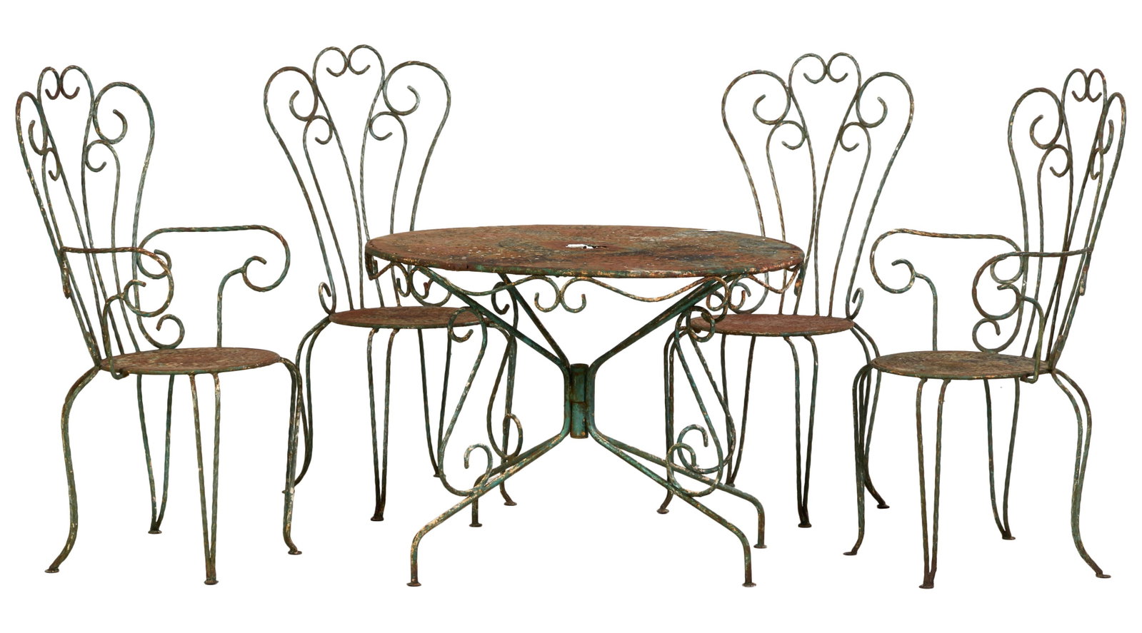 Five Piece French Iron Garden Seating Group, early 20th c., Table- H.- 27 1/2 in., Dia. 37 1/2 in.; (1 of 2)