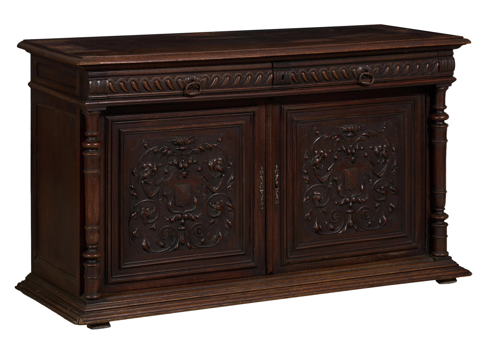 French Henri II Renaissance Revival Carved Oak Sideboard, late 19th c., H.- 37 in., W.- 62 5/8 in., (1 of 2)