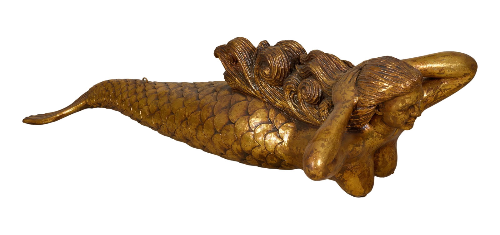 Gilt Mermaid Figurehead Sculpture, late 20th c., H.- 16 in., W.- 21 1/8 in., D.- 49 in. (1 of 5)