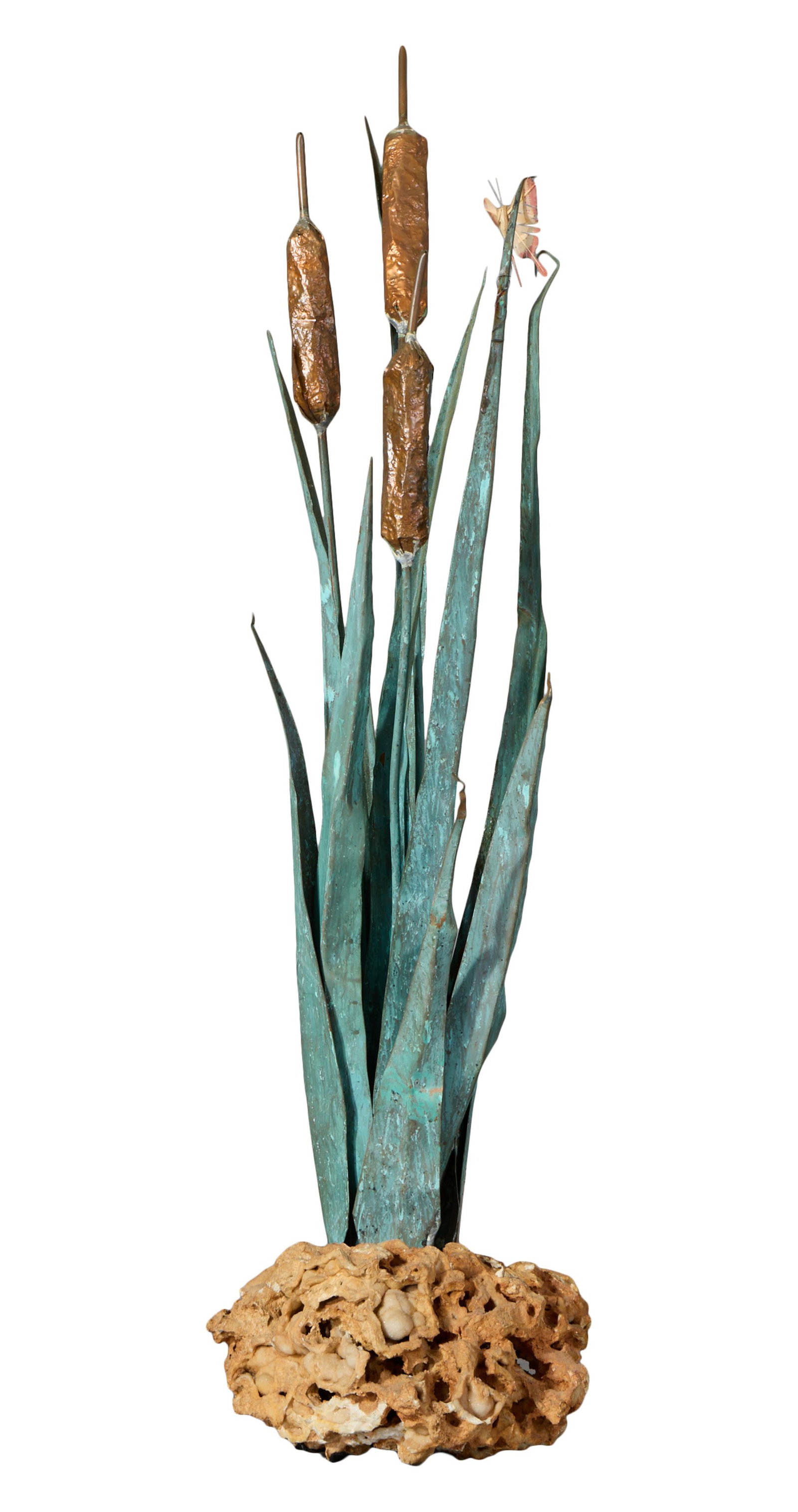 American School, Cattail Sculpture on Geode Formation, H.- 38 in., Base- W.- 11 1/2 in., D.- 10 in. (1 of 4)