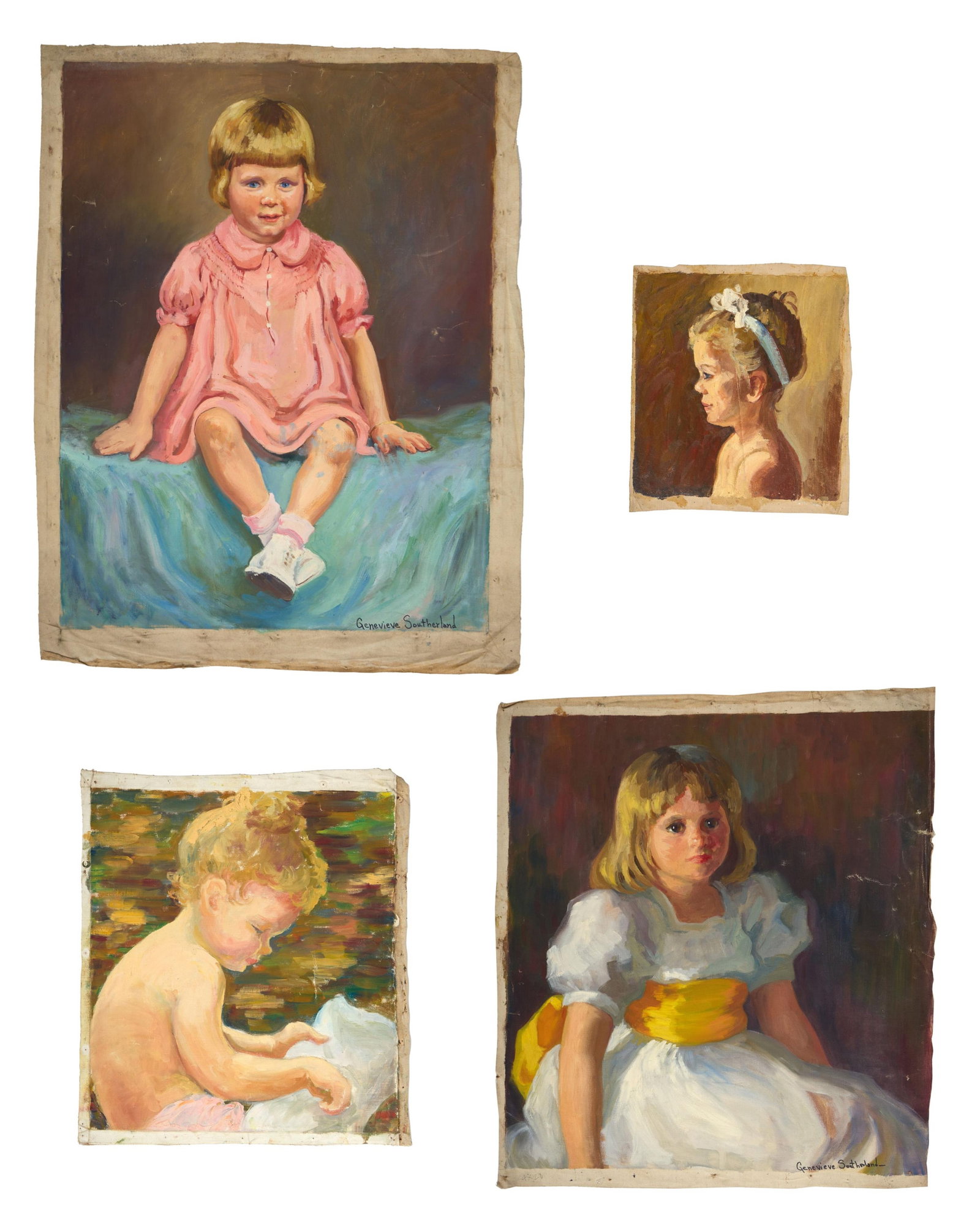 Genevieve Southerland (American/Alabama/Pennsylvania, 1895-1953), Four Portraits of Young Children,: Genevieve Southerland (American/Alabama/Pennsylvania, 1895-1953), Four Portraits of Young Children, four oils on canvas, two signed lower right, each unframed, each presented in shrink-wrap, Largest- 