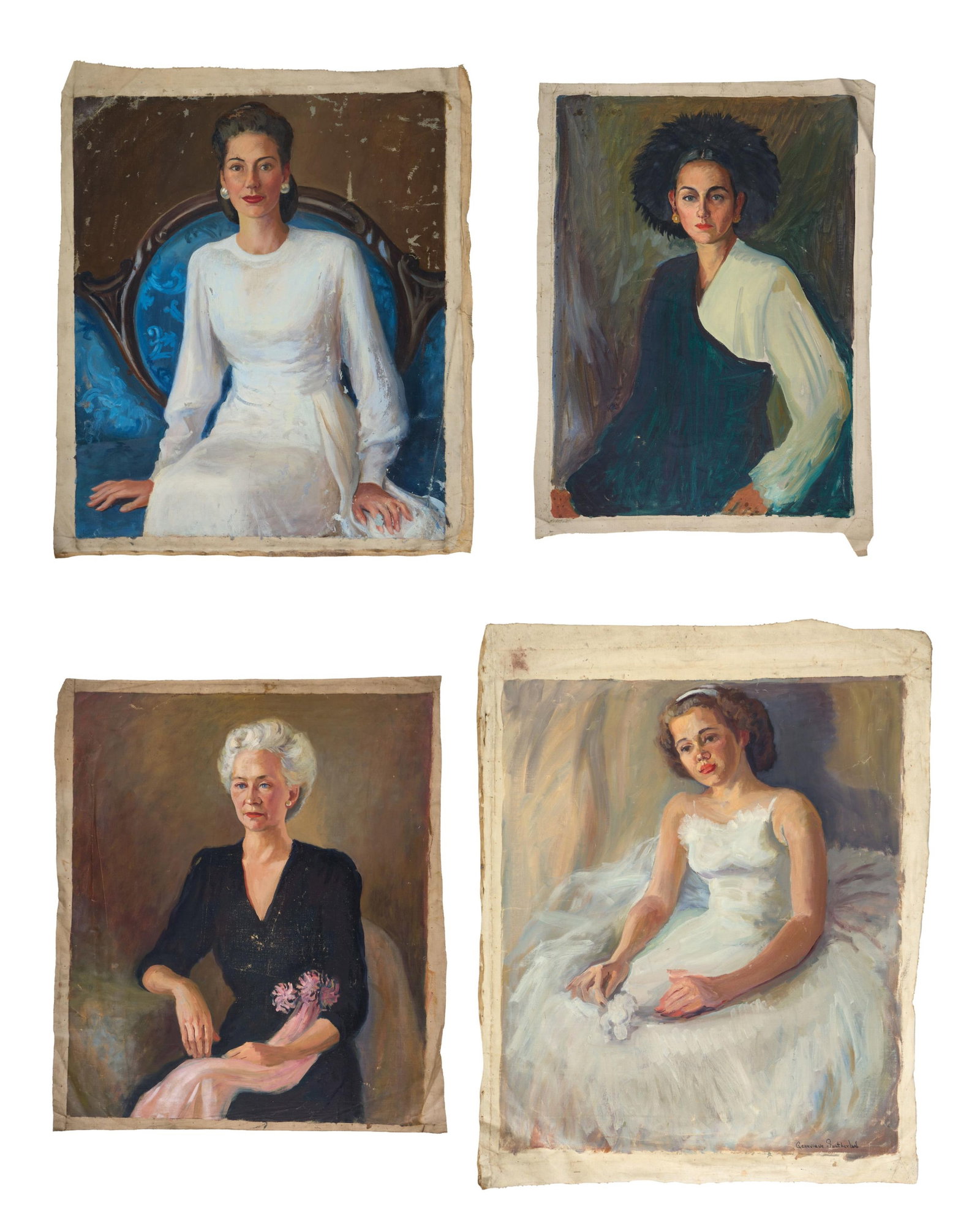 Genevieve Southerland (American/Alabama/Pennsylvania, 1895-1953), Four Portraits of Various Ladies: Genevieve Southerland (American/Alabama/Pennsylvania, 1895-1953), Four Portraits of Various Ladies of Society, four oils on canvas, one signed lower right, the rest unsigned, each unframed, shrink-wra
