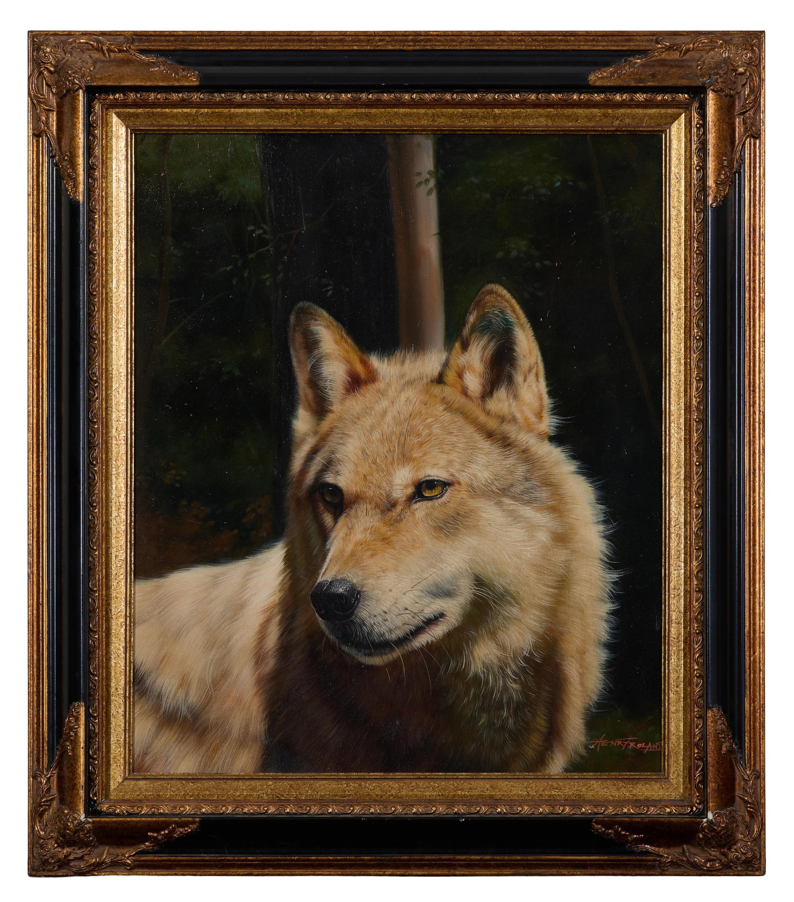 Henry Roland (American, 20th Century), "Wolf," H.- 24 in., W.- 20 in., Framed- H.- 31 in., W.- 27: Henry Roland (American, 20th Century), "Wolf," oil on canvas, signed lower right, presented in an ebonized and giltwood frame, H.- 24 in., W.- 20 in., Framed- H.- 31 in., W.- 27 in. Provenance: The Es