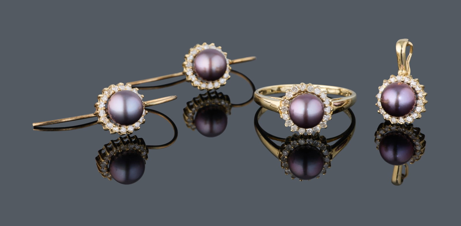 Four Piece Set of 14K Yellow Gold Pearl and Diamond Jewelry, App. Total Diamond Wt.- 1.00 carats; (1 of 5)
