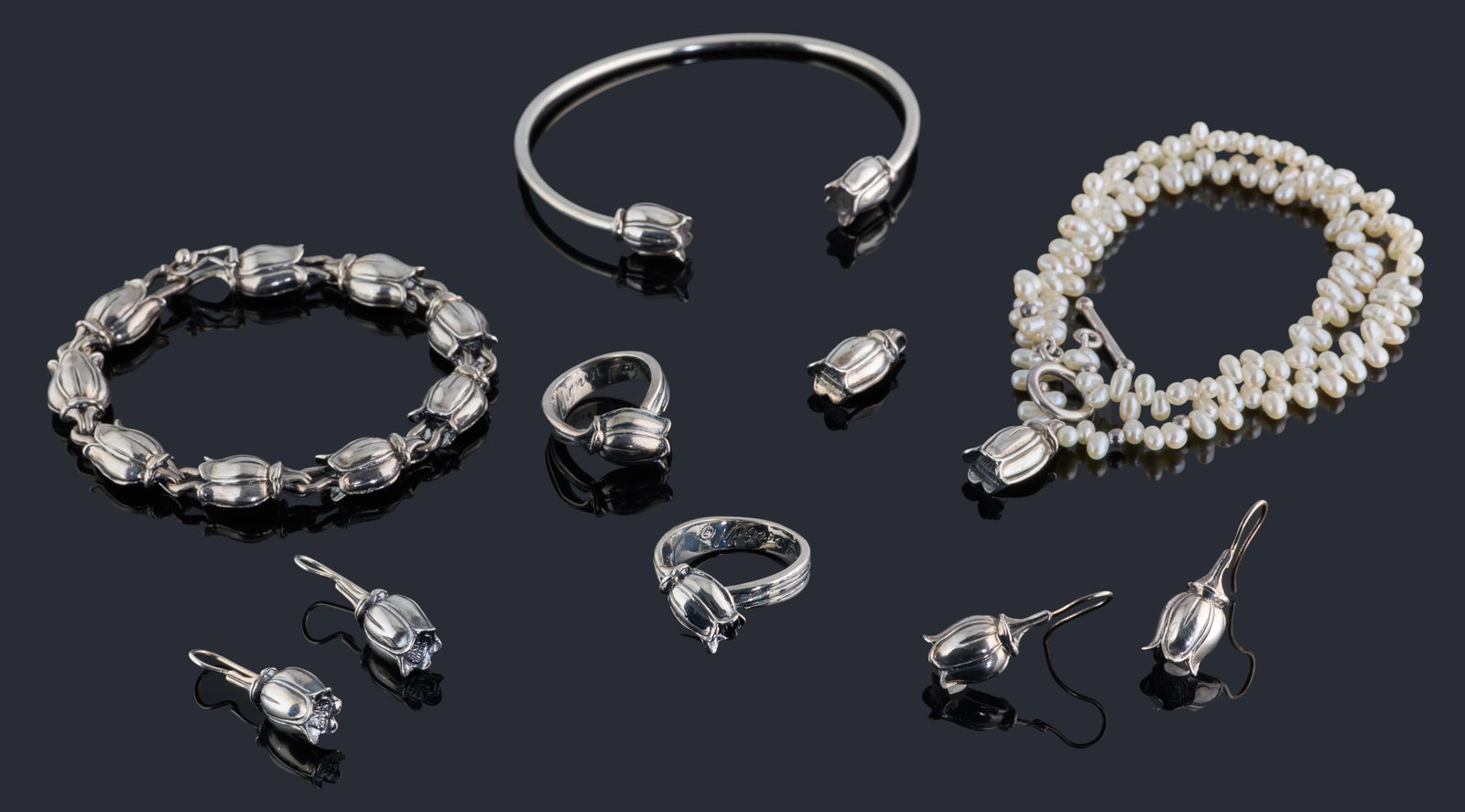 Ten Piece Sterling Mignon Faget "Tulips" Collection Set, App. Total Wt.- 78.2 grams; Necklace- L.- (1 of 1)