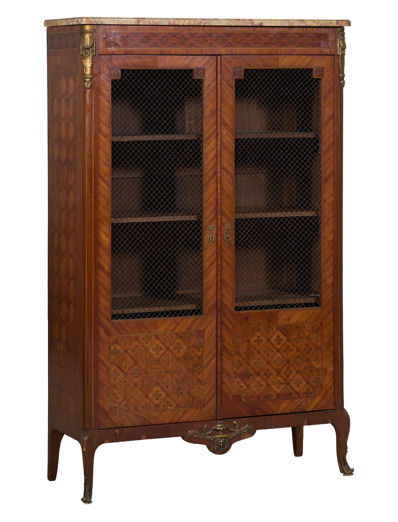 French Louis XV Style Marble Top Parquetry Bookcase, late 19th c., H.- 64 1/2 in., W.- 41 in., D.-: French Louis XV Style Marble Top Parquetry Bookcase, late 19th c., the molded variegated marble with rounded corners, geometric frieze over two grill mounted doors, shelved interior, mounted stiles, m