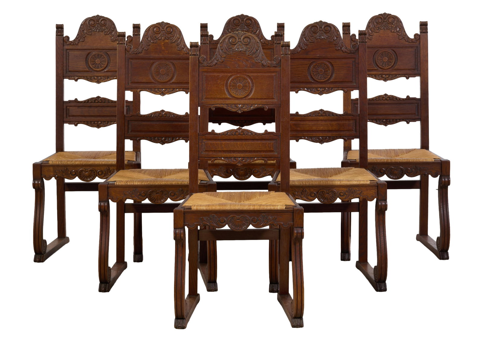 Set of Six Spanish Renaissance Style Dining Chairs, mid 20th c., Each- H.- 42 1/4 in., W.- 19 in., (1 of 4)