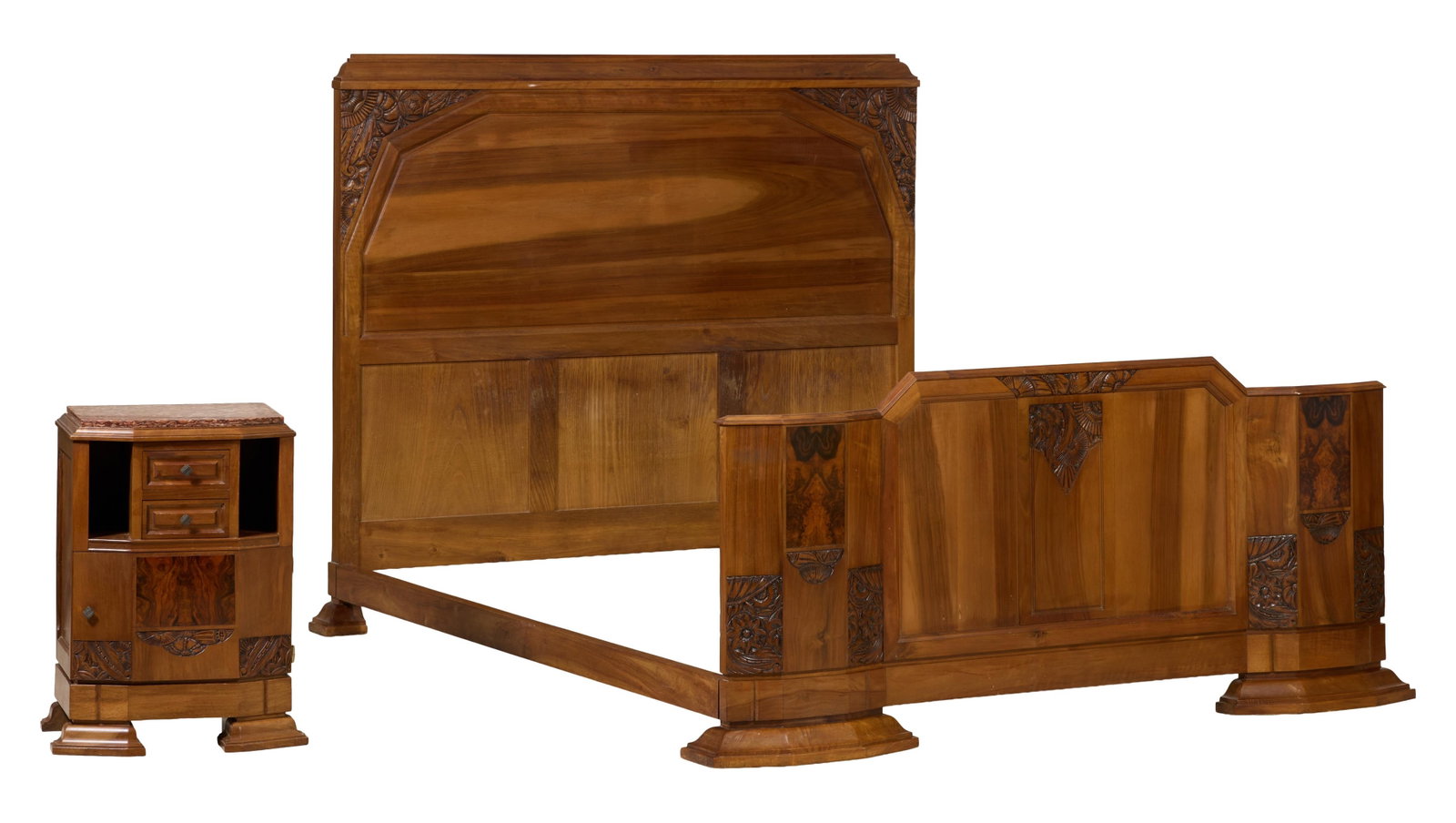 French Art Nouveau Walnut Bed and Nightstand, early 20th c., Bed- H.- 54 in., W.- 63 in., D.- 81 1/2 (1 of 5)