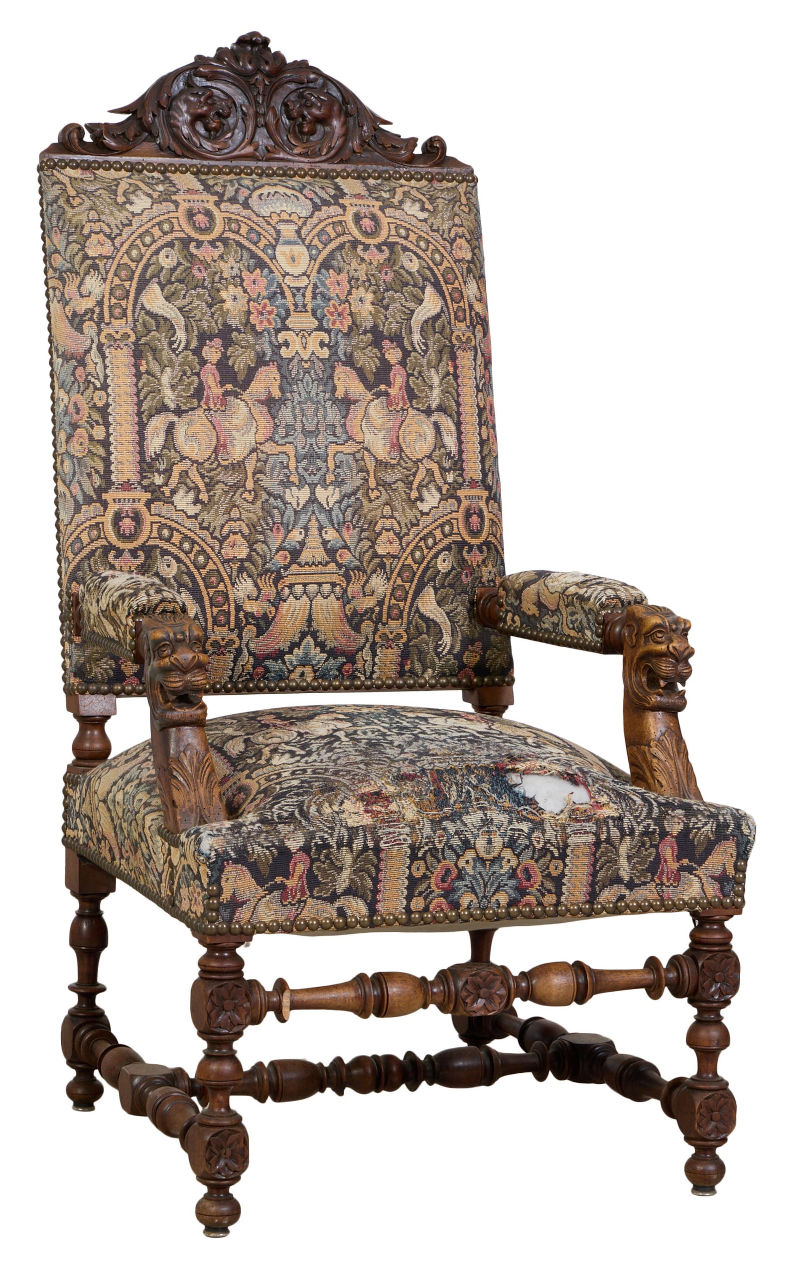 French Louis XIII Style Carved Walnut Throne Chair, late 19th c., H.- 51 1/4 in., W.- 26 in., D.- 27 (1 of 5)