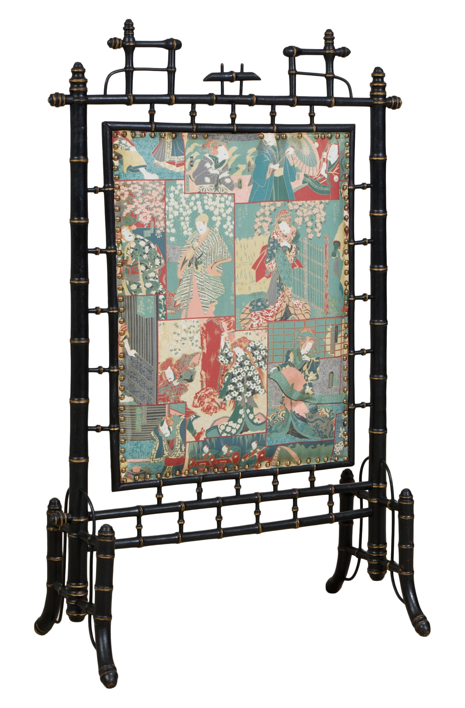 French Japonesque Ebonized Faux Bamboo Fireplace Screen, late 19th c., H.- 45 1/2 in., W.- 29 in., (1 of 3)