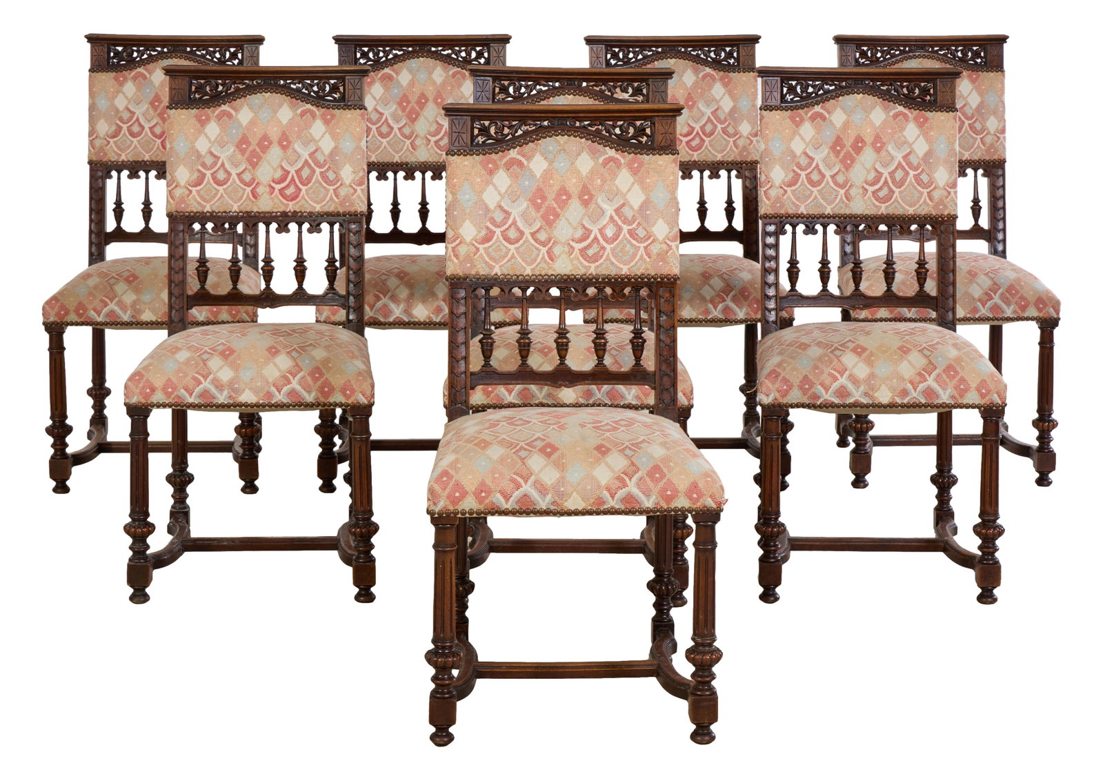 Set of Eight French Henri II Style Carved Walnut Dining Chairs, late 19th c., Each- H.- 39 in., W.- (1 of 3)