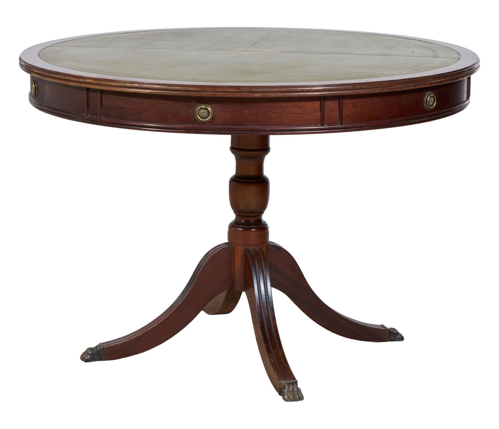 English Regency Style Library Center Table, mid/late 20th c., H.- 28 in., Dia.- 43 1/2 in. (1 of 3)