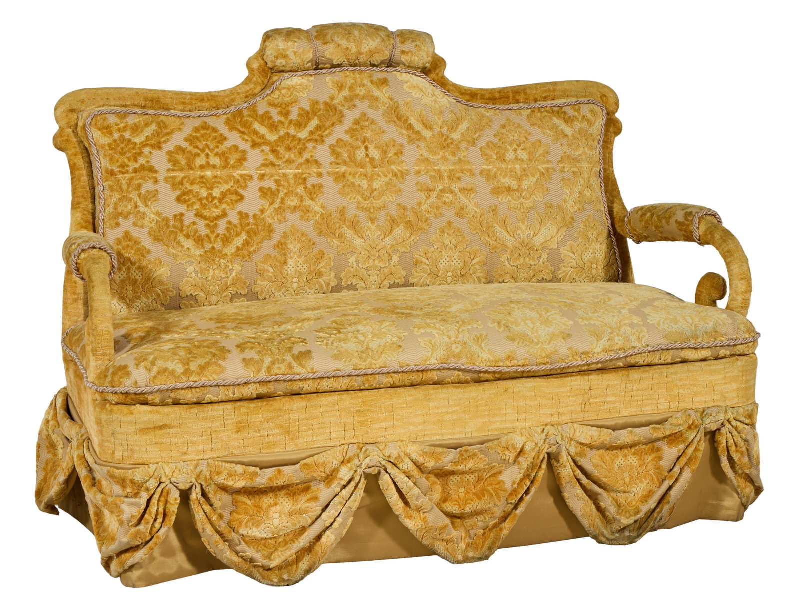 Whimsical French Passementerie Upholstered Sofa, late 19th c., H.- 41 in., W.- 55 in., D.- 28 in. (1 of 2)