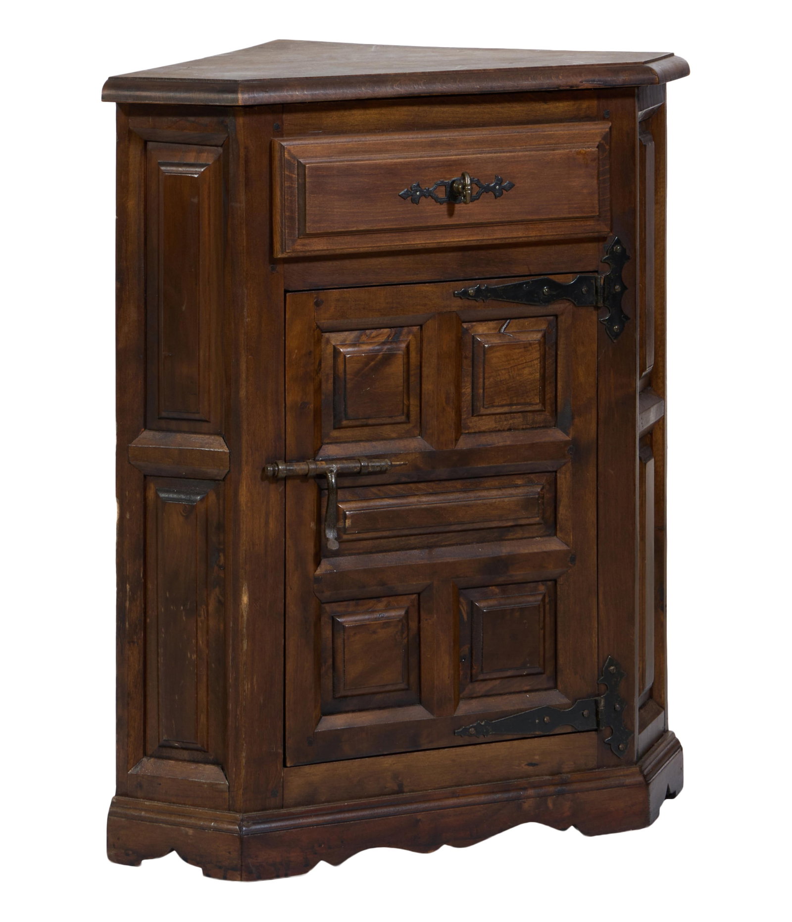 Spanish Renaissance Revival Corner Cabinet, mid/late 20th c., H.- 27 in., W.- 26 1/2 in., D.- 18 in.: Spanish Renaissance Revival Corner Cabinet, mid/late 20th c., the molded top over single frieze drawer, lower raised panel door, shaped apron and bracket feet, H.- 27 in., W.- 26 1/2 in., D.- 18 in.