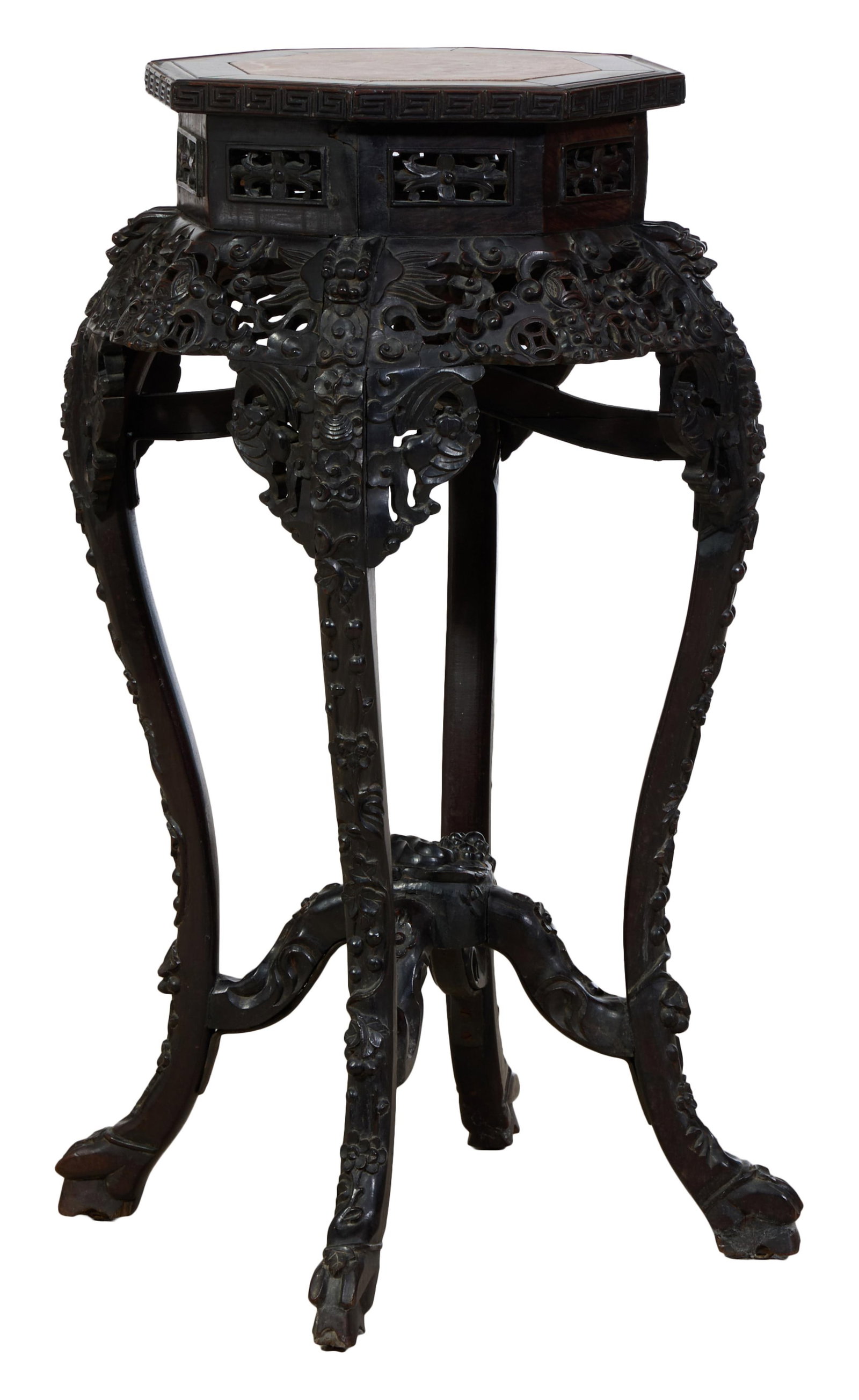 Chinese Marble Top Carved Hardwood Stand, late 19th c., H.- 36 in., W.- 20 in., D.- 20 in. (1 of 4)