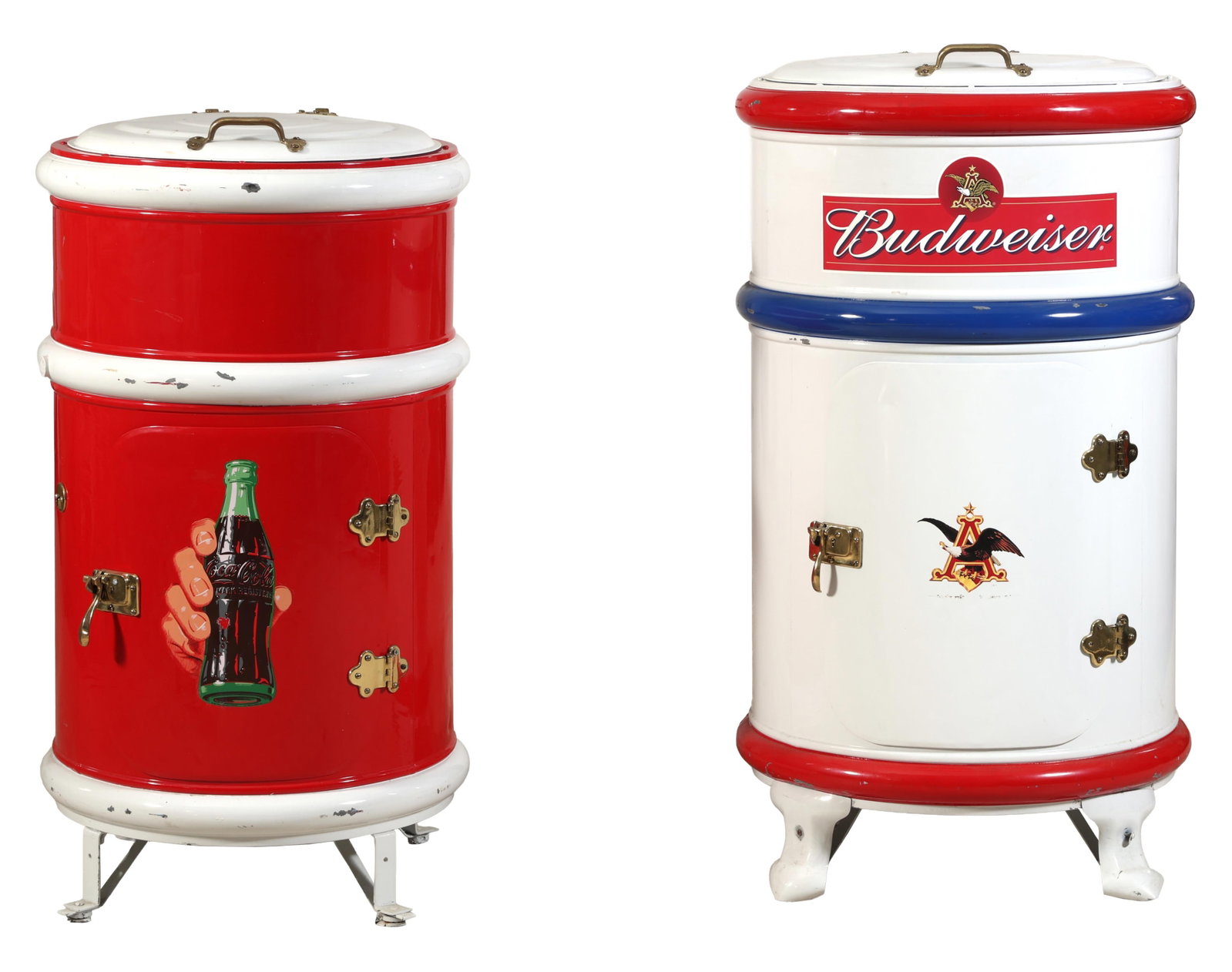 Two Advertising Beverage Coolers, Budweiser and Coca-Cola, mid 20th c., Budweiser- H.- 48 in., Dia.- (1 of 5)
