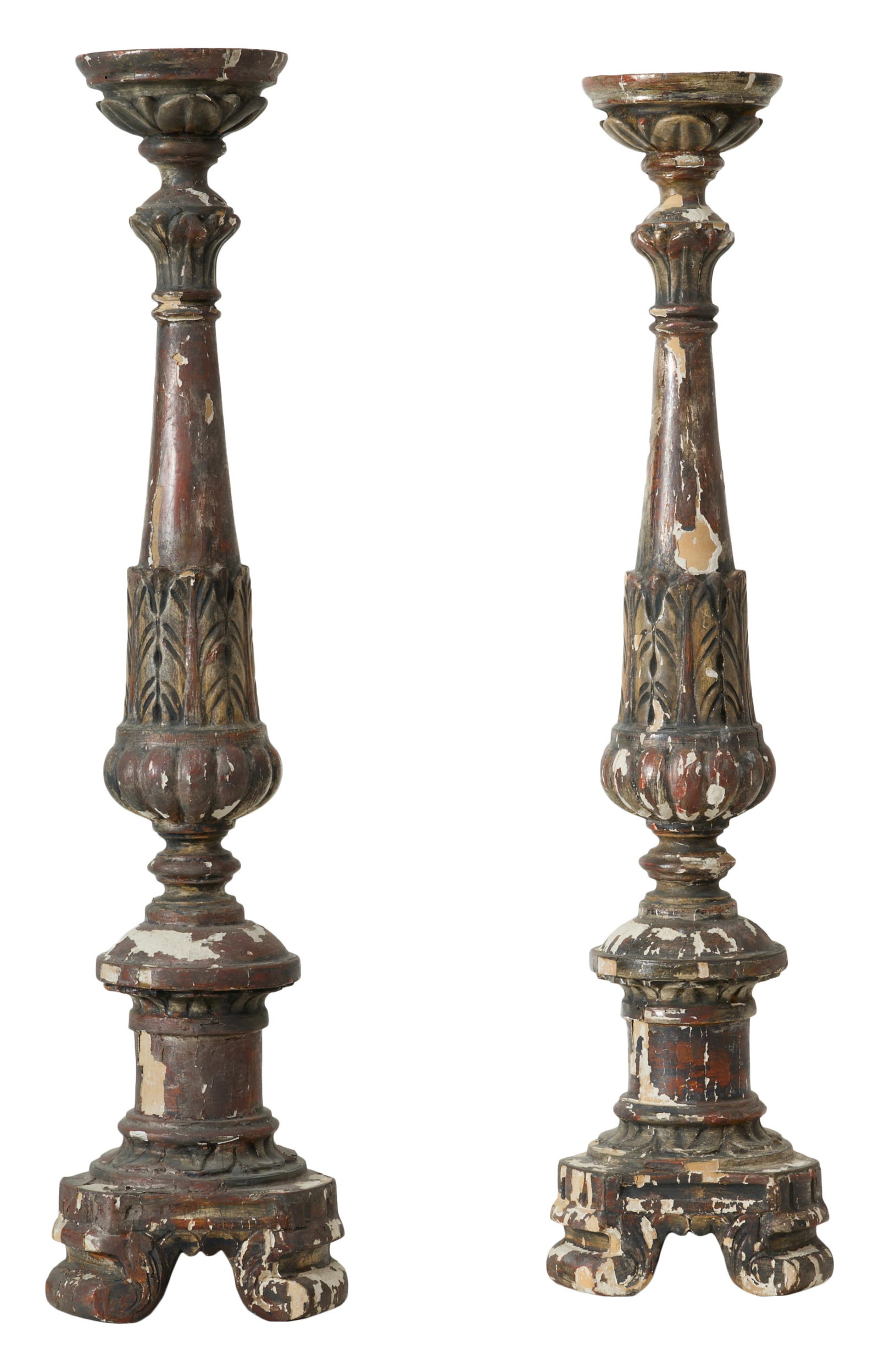 Pair of Large Italian Carved Polychromed Wood Altar Candlesticks, 19th c., Each- H.- 30 1/4 in., W.- (1 of 1)