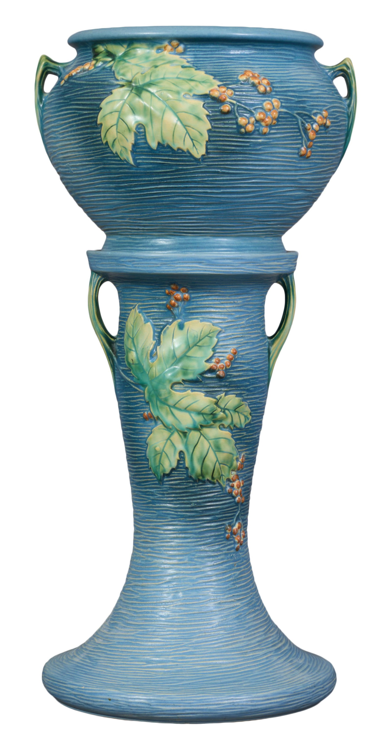 Roseville Jardiniere and Stand, 20th c., Jardiniere- H.- 8 1/2 in., Dia.- 11 3/4 in.; Stand- H.- 16 (1 of 6)
