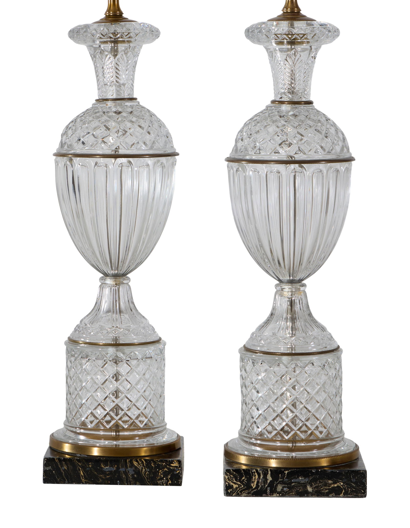 Pair of Paul Hanson Neoclassical Molded Crystal and Marble Urn Lamps, c. 1940, Each- H.- 25 in., W.-: Pair of Paul Hanson Neoclassical Molded Crystal and Marble Urn Lamps, c. 1940, on figured black marble bases, Each- H.- 25 in., W.- 6 in., D.- 6 in. (2 Pcs.) Provenance: Formerly furnished the Royal S