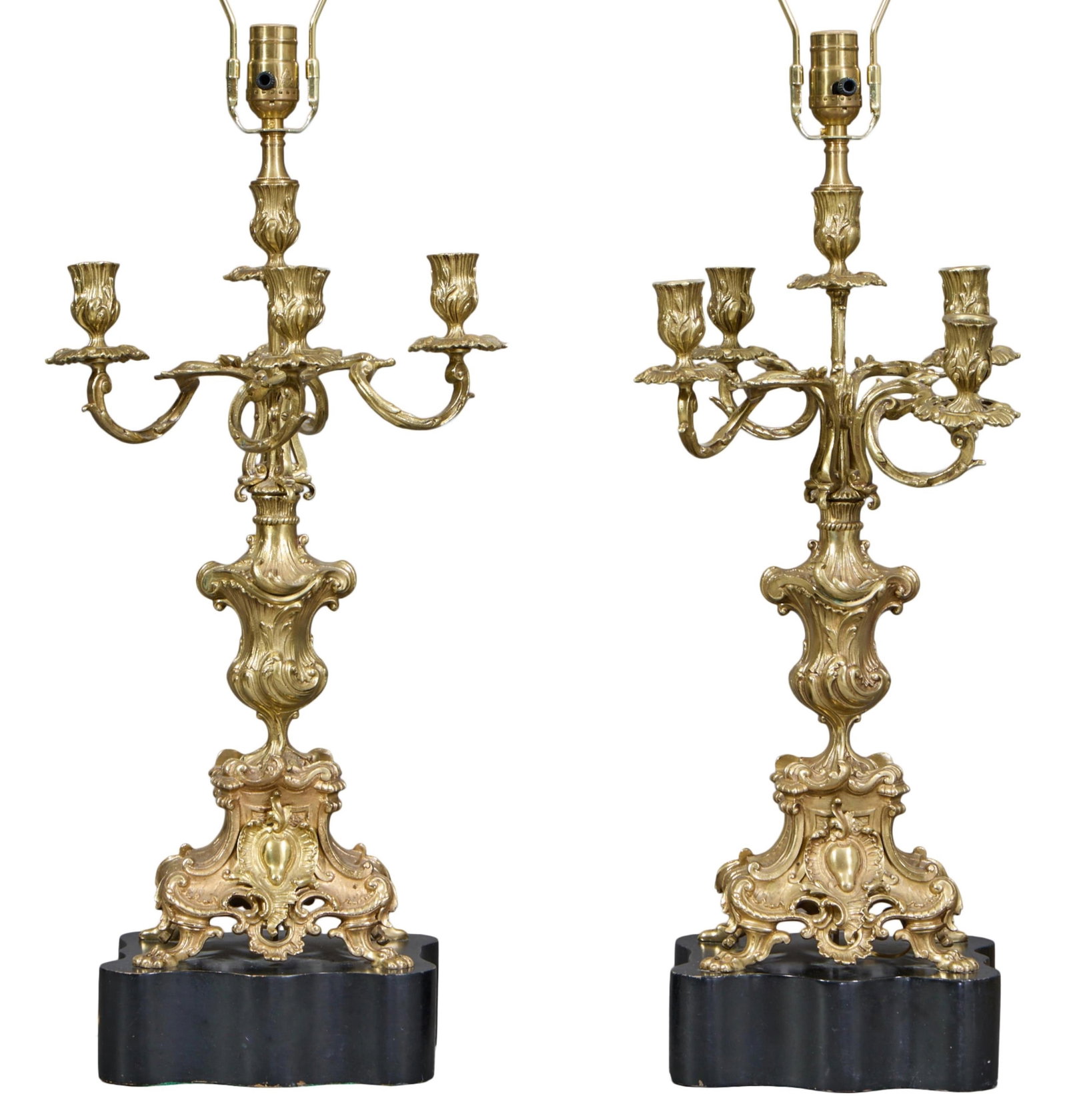 Pair of Impressive French Rococo Gilt Bronze Five Light Candelabra Lamps, 20th c., Each- H.- 25 in., (1 of 4)