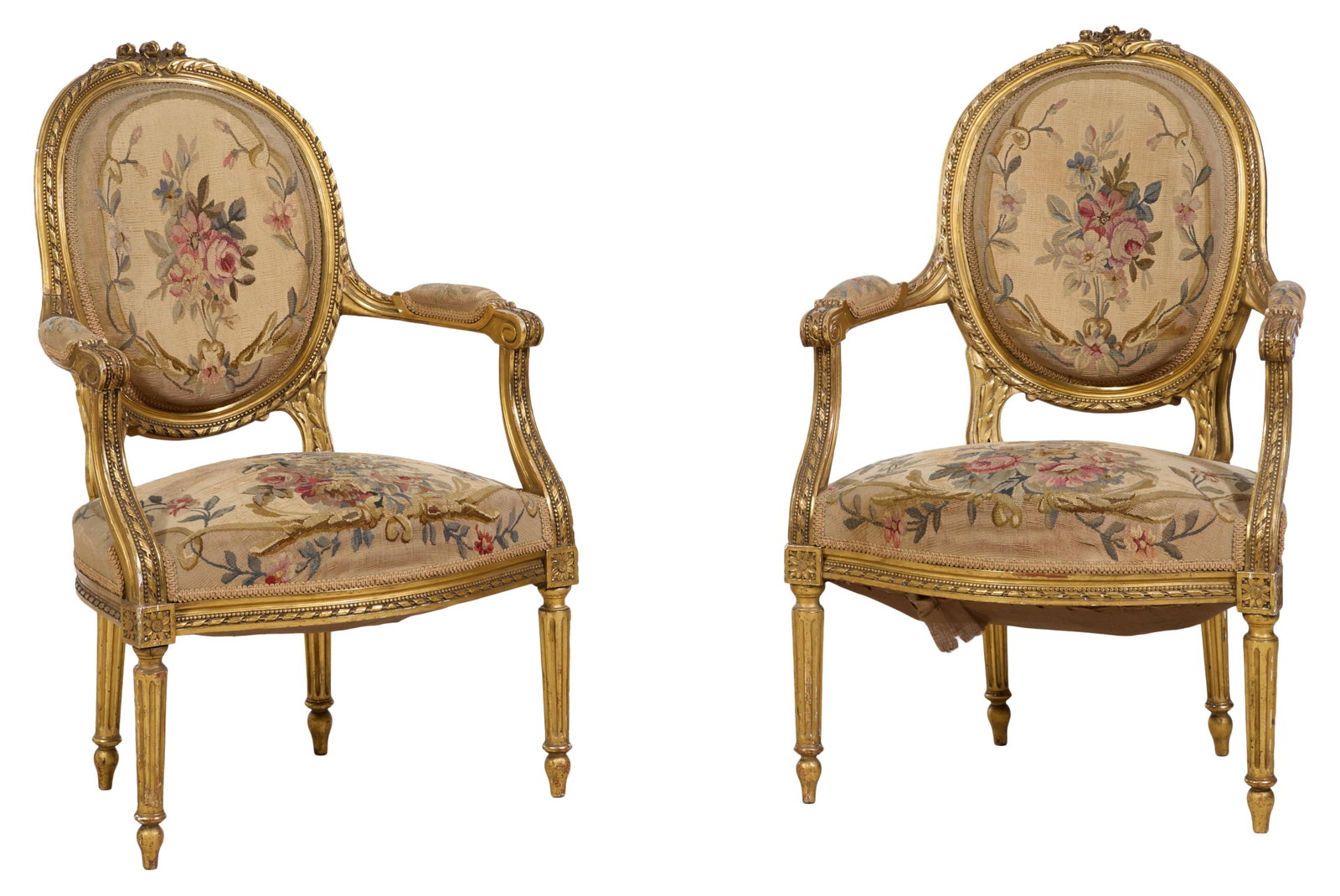 Pair of French Louis XVI Style Giltwood Fauteuil, 20th c., Each- H.- 38 in., W.- 24 in., D.- 20 in. (1 of 2)