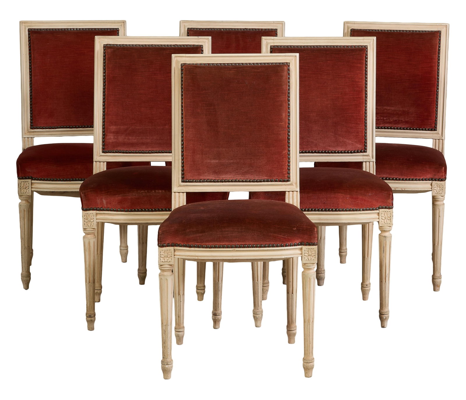 Set of Six Louis XVI Style Creme Peinte Dining Chairs, early 20th c., Each- H.- 36 3/4 in., W.- 19 (1 of 2)