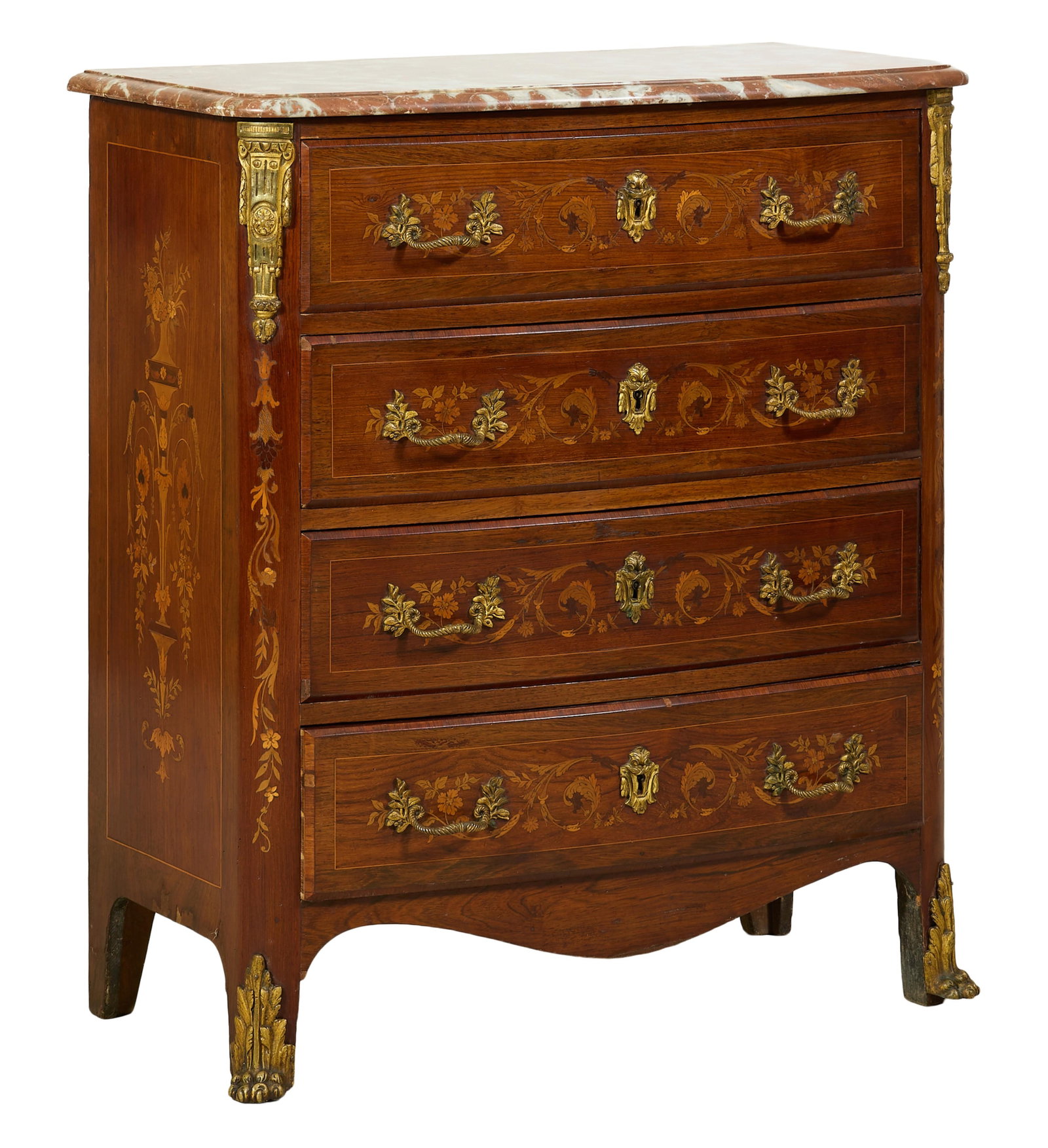 French Louis XIV Style Ormolu Mounted Marble Top Marquetry Walnut Bowfront Commode, late 19th/early (1 of 3)